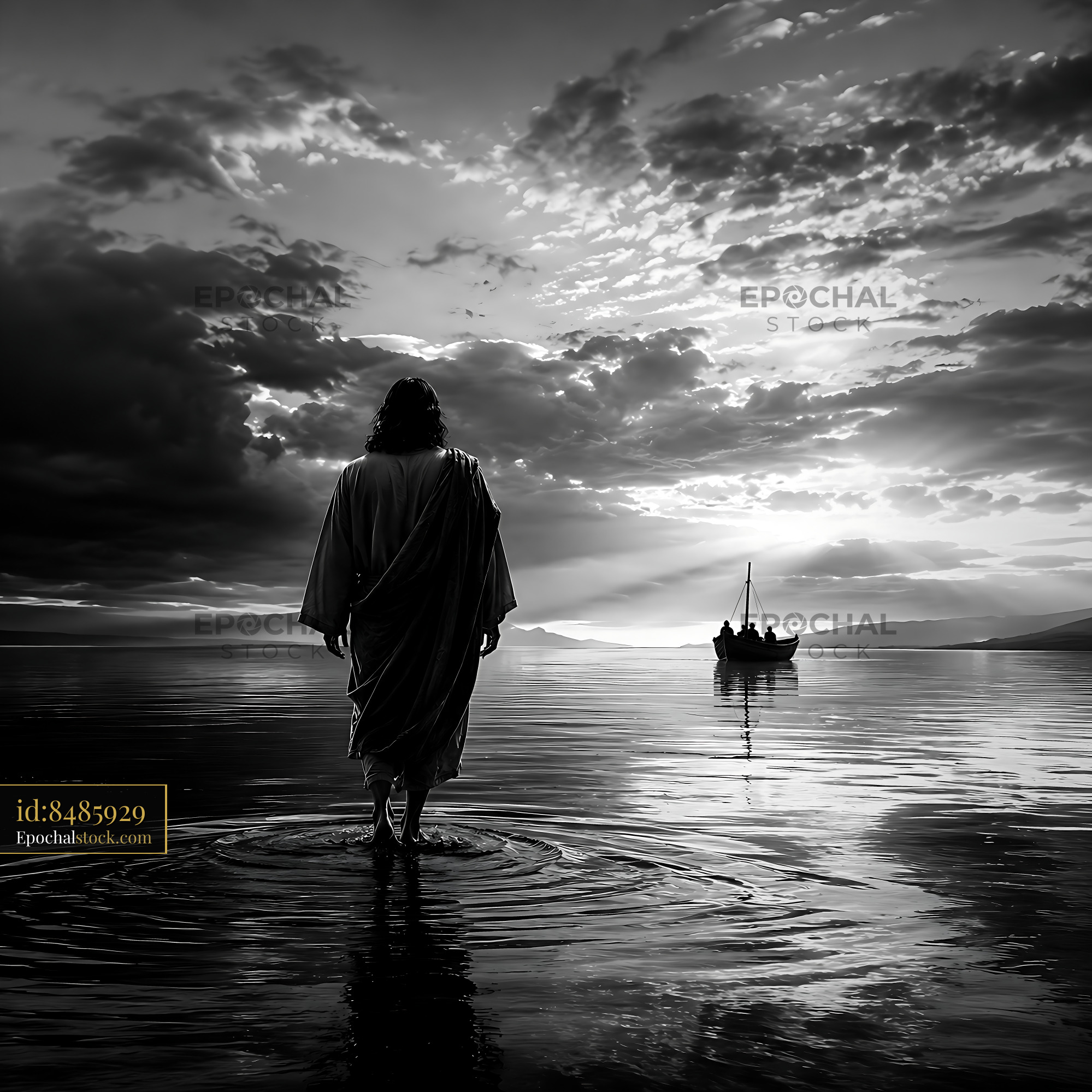 Watermarked full-resolution preview of Figure walking on water at sunset with boat in background