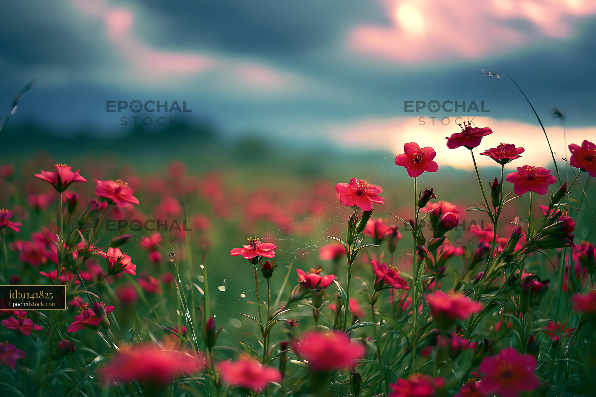 Pimpernel Flowers in a Field During Twilight - stock photo