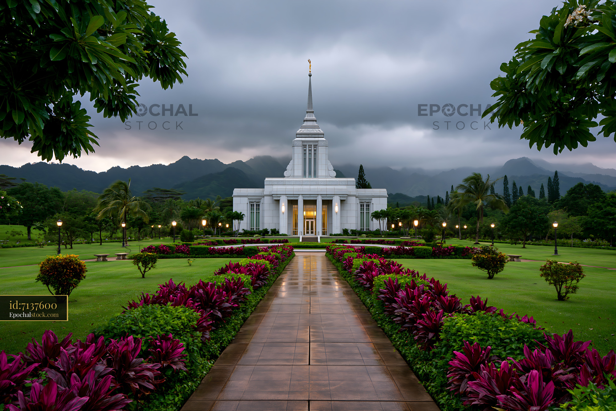 Watermarked full-resolution preview of Park pathway leading to temple under cloudy sky