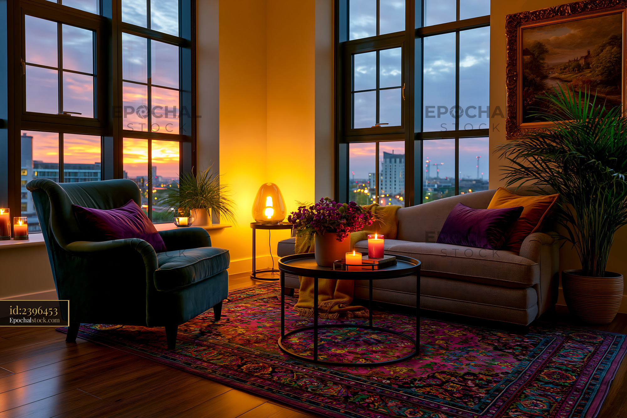 Watermarked full-resolution preview of Cozy living room with sunset view and candles