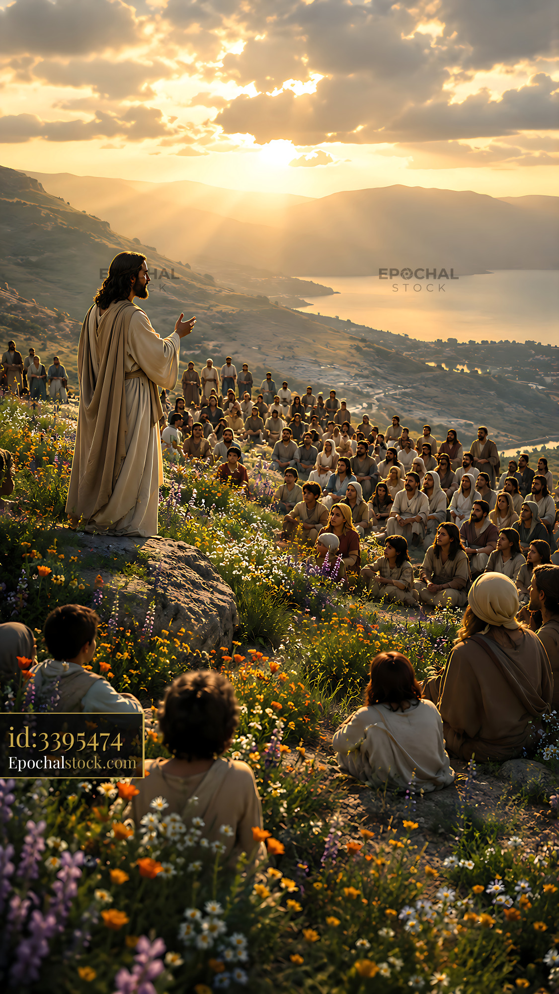 Watermarked full-resolution preview of Jesus speaks to a crowd on a hillside during sunset