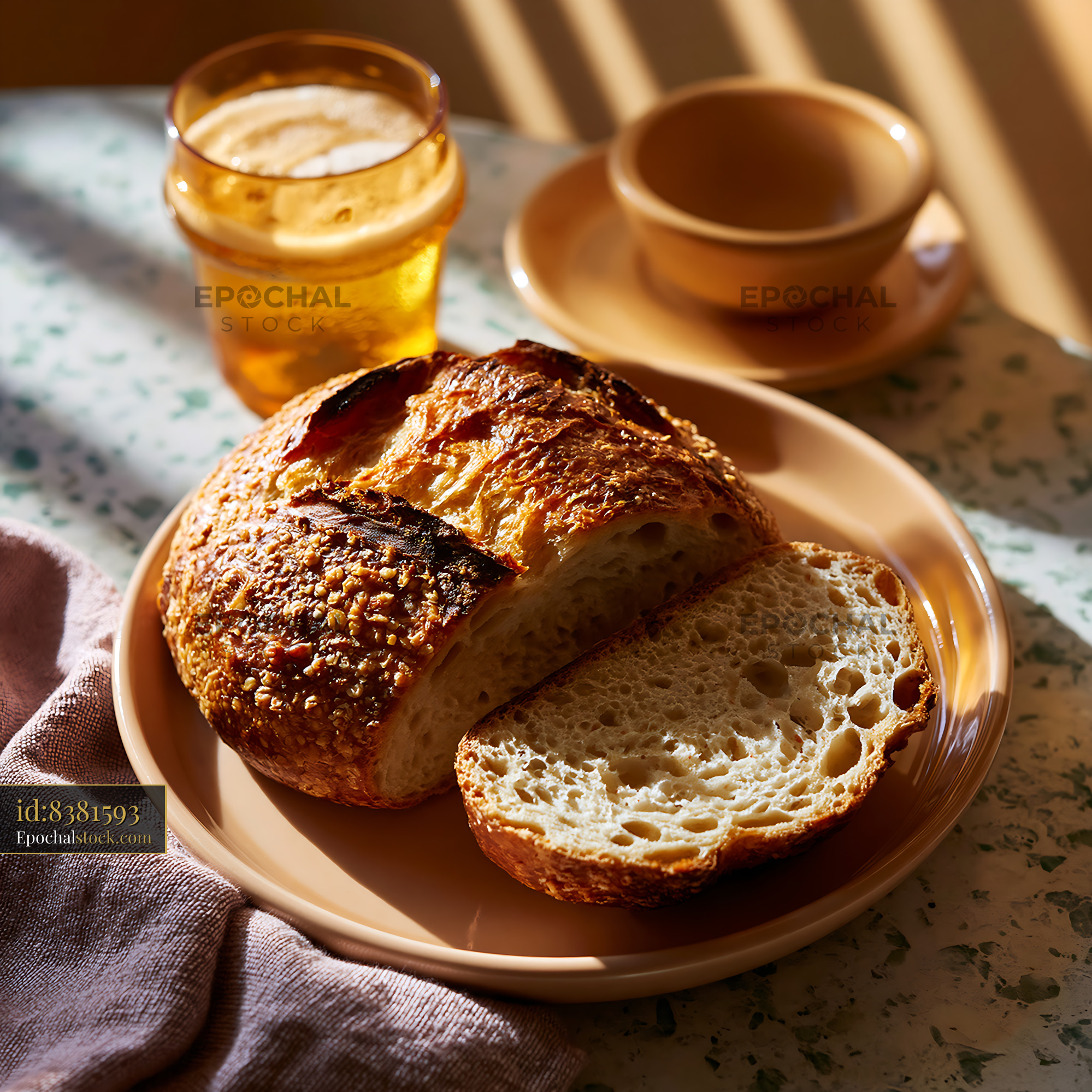Rustic Sourdough Loaf on a Plate With Drink in Soft Light - stock photo