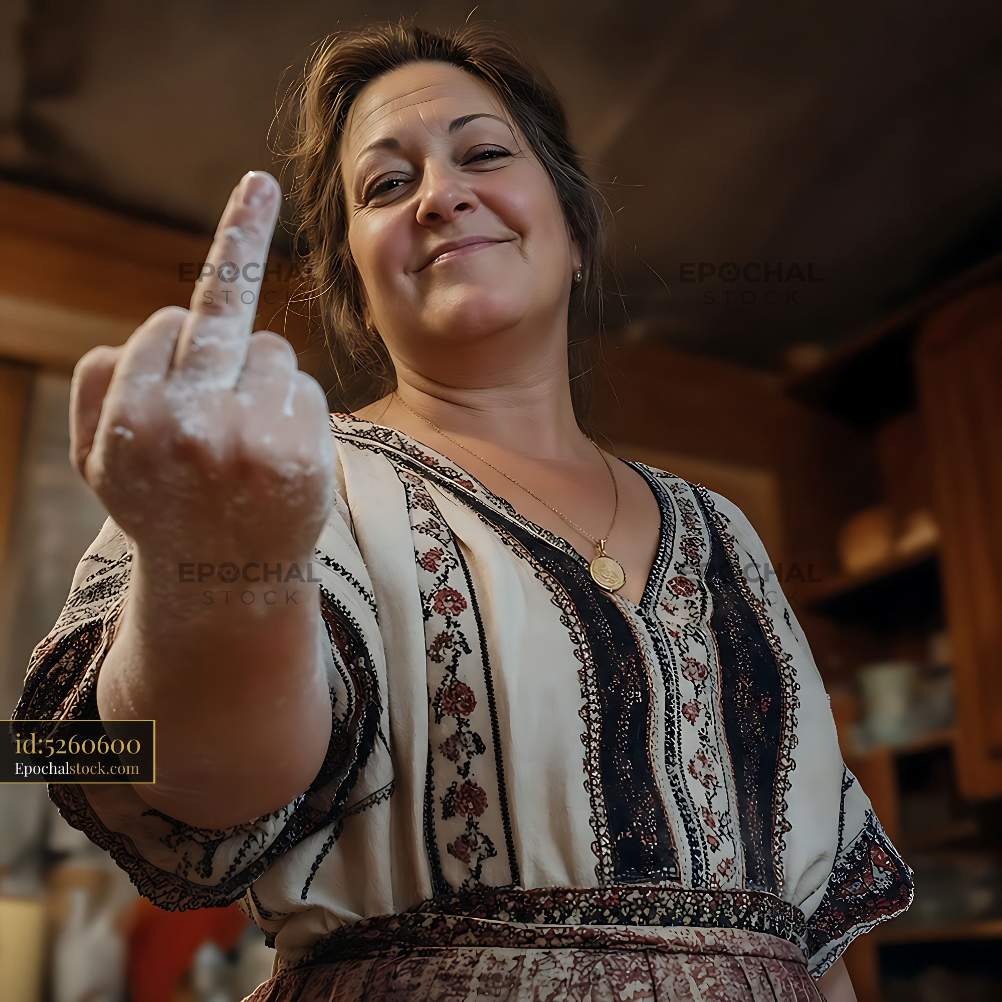 Watermarked full-resolution preview of Woman showing a gesture in a rustic kitchen setting