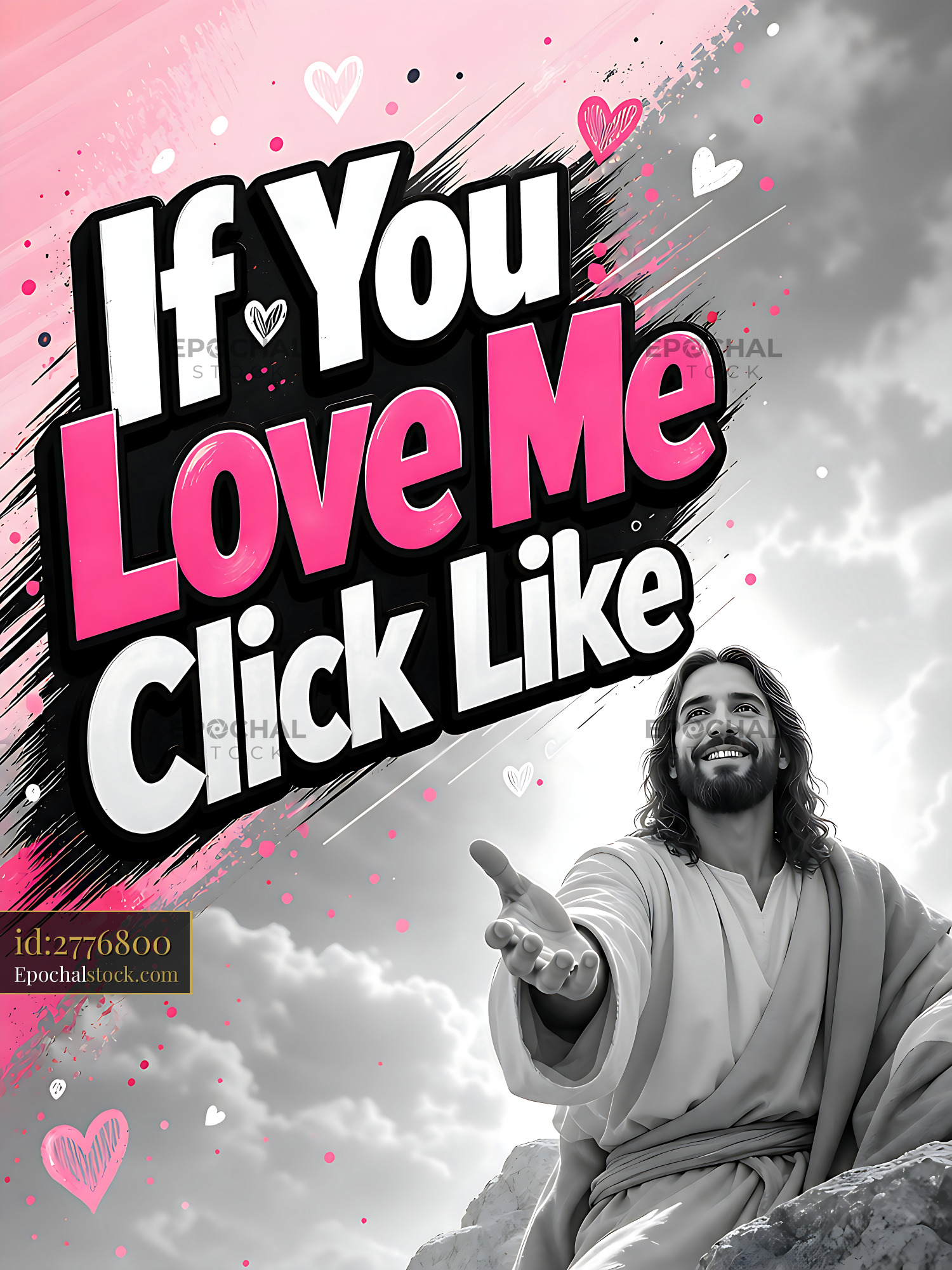Watermarked full-resolution preview of Jesus figure with text encouraging engagement on social media