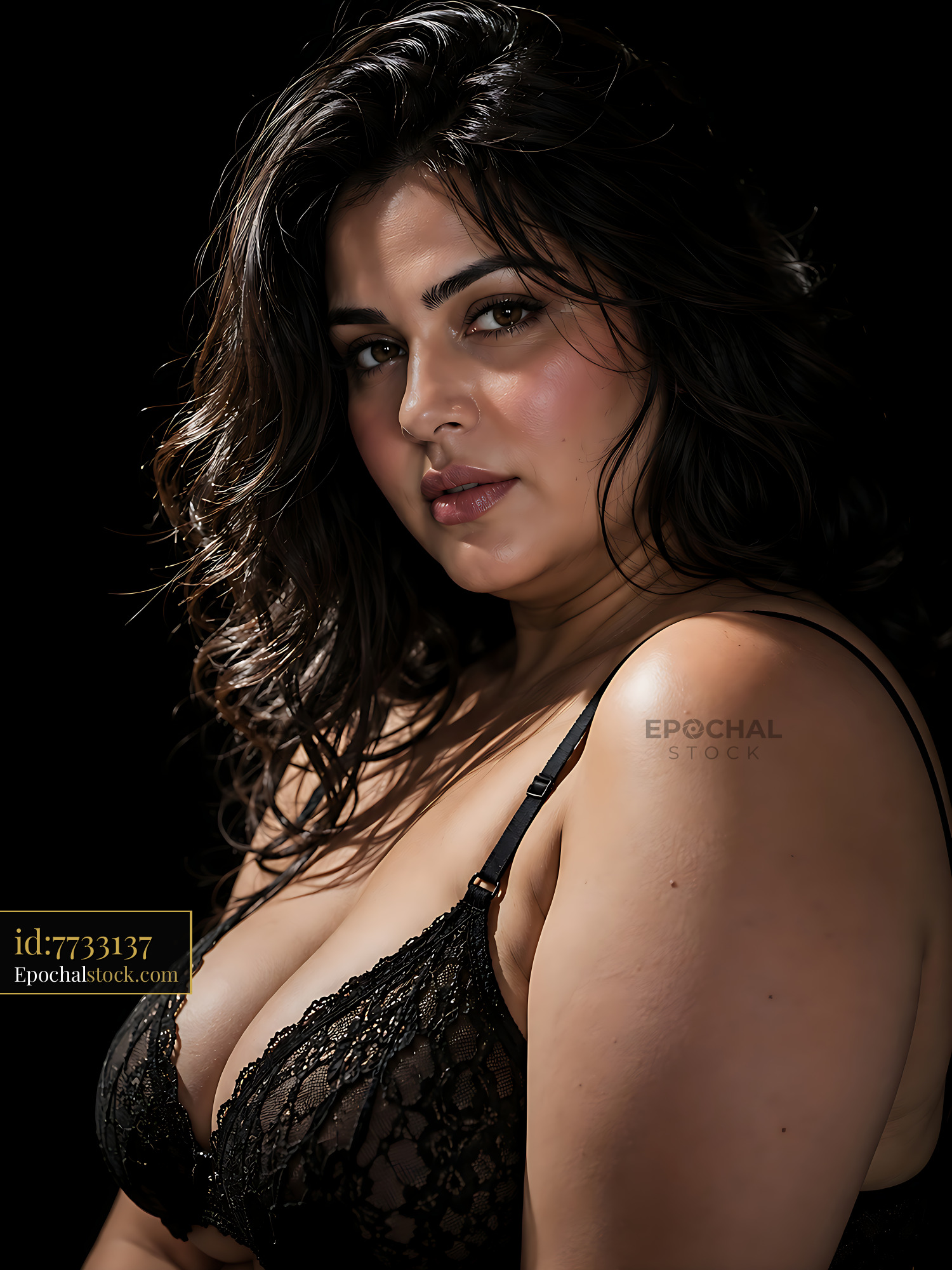 Watermarked full-resolution preview of Woman in lingerie with soft lighting on dark background