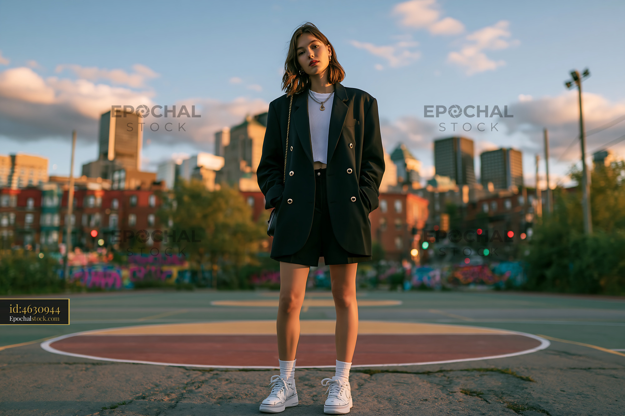 Watermarked full-resolution preview of Young woman standing on a basketball court in an urban area
