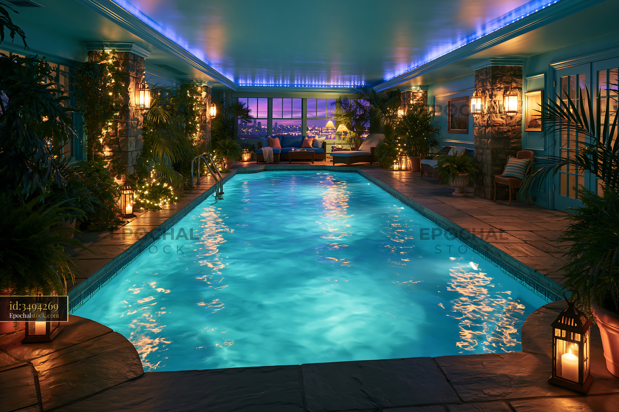 Watermarked full-resolution preview of Indoor pool with blue lights and plants in a cozy setting