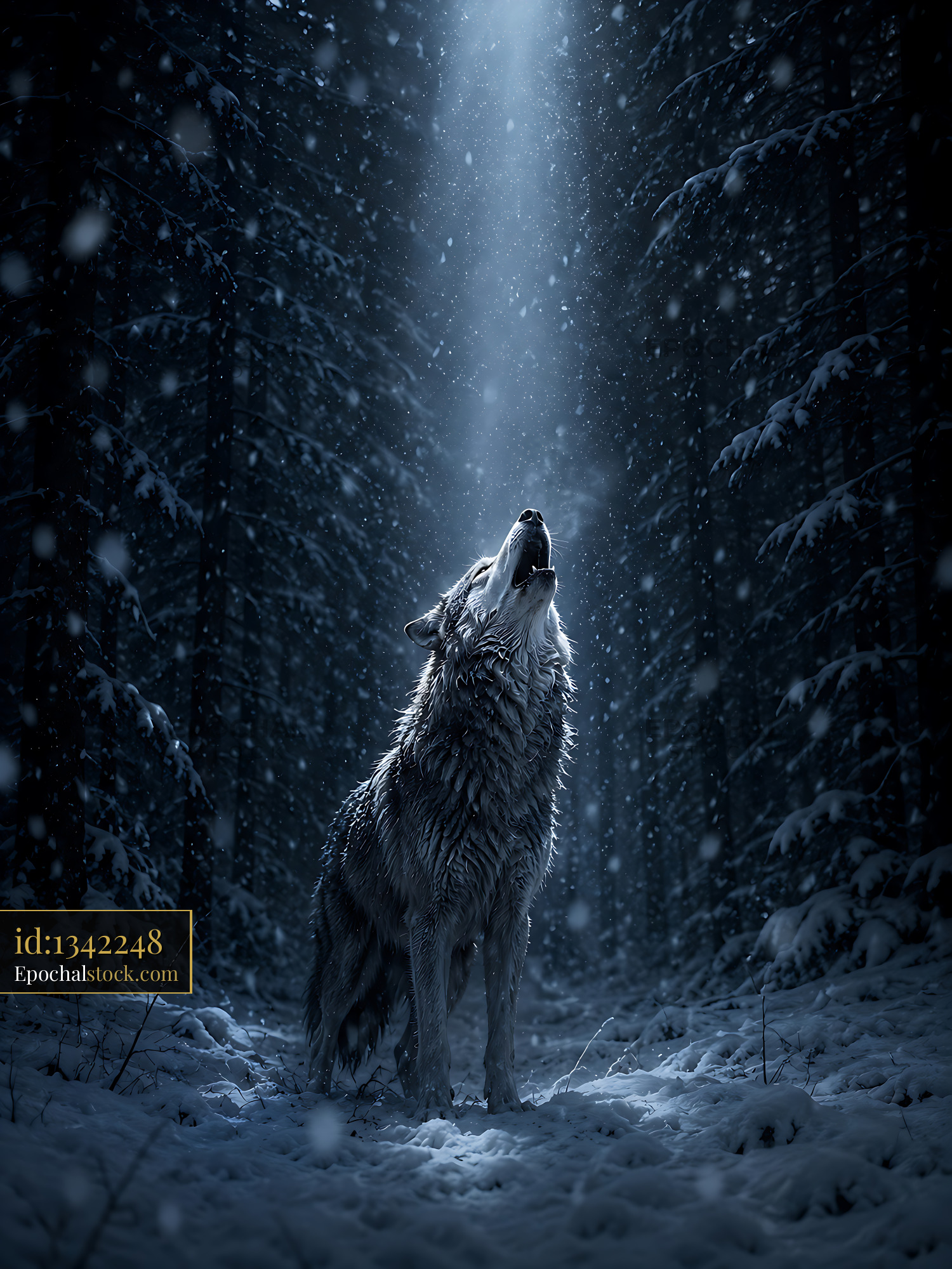 Watermarked full-resolution preview of Wolf howling in snowy forest at night