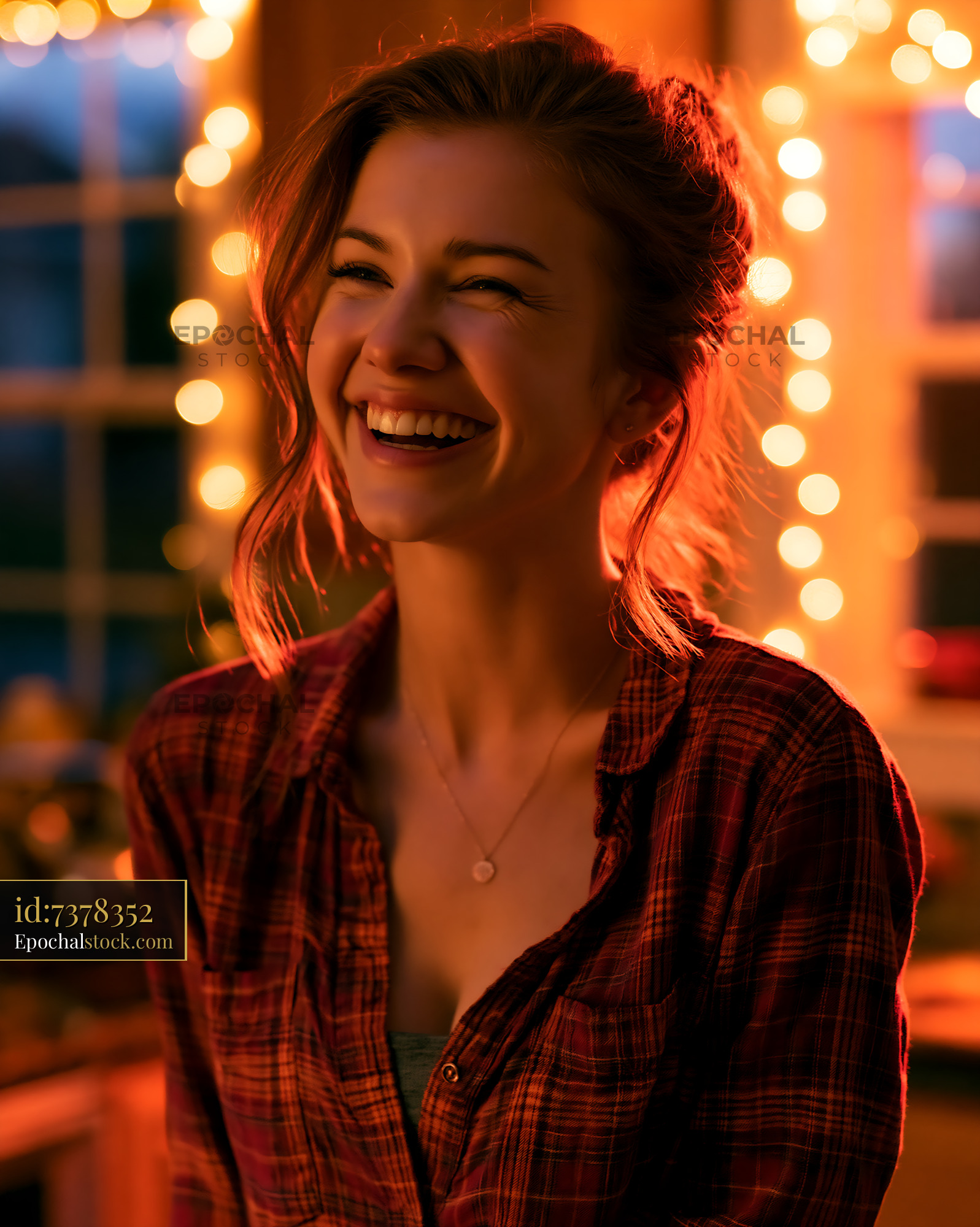 Watermarked full-resolution preview of Smiling woman in cozy kitchen with warm lights