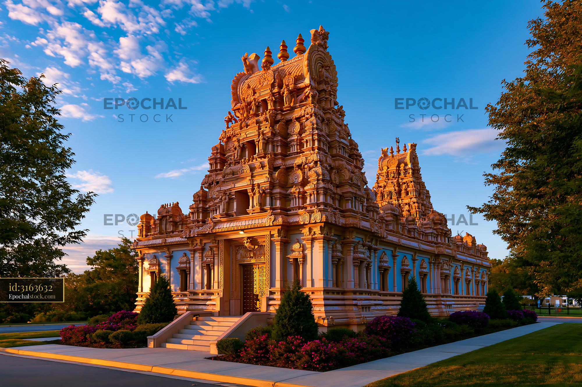 Watermarked full-resolution preview of Temples in the park during sunset with clear blue skies