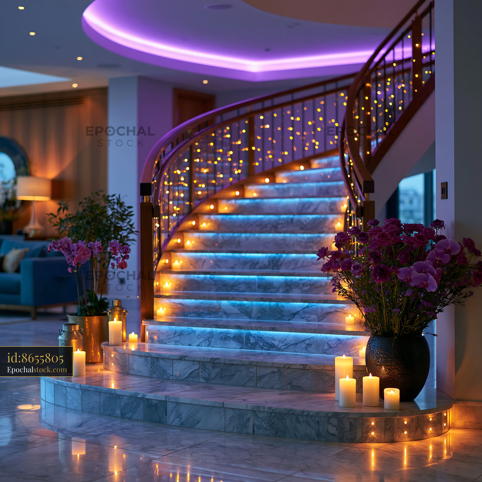 Watermarked full-resolution preview of Elegant staircase with candles and purple lights at night