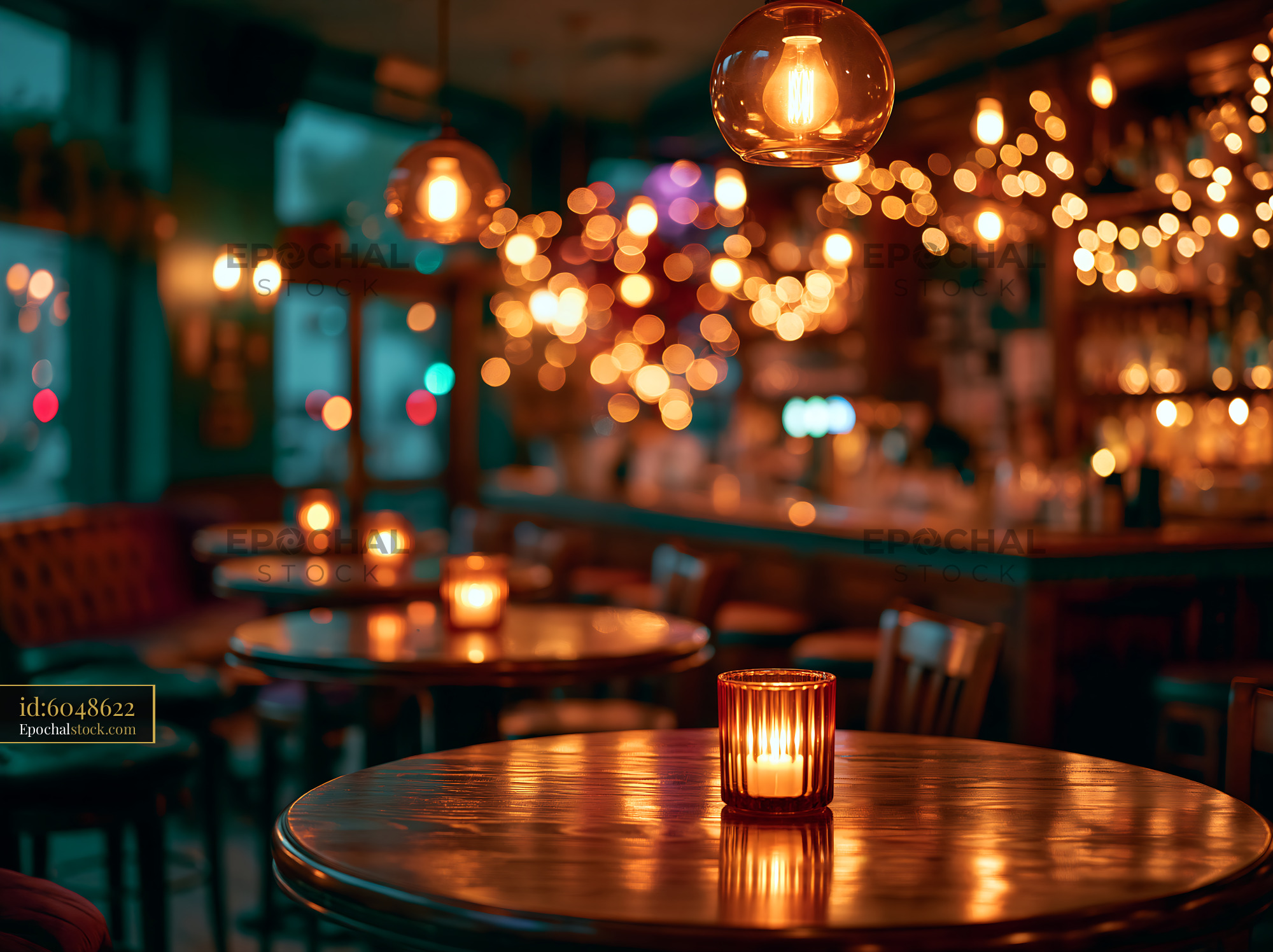 Watermarked full-resolution preview of Warm candlelight in a cozy cafe with festive lights