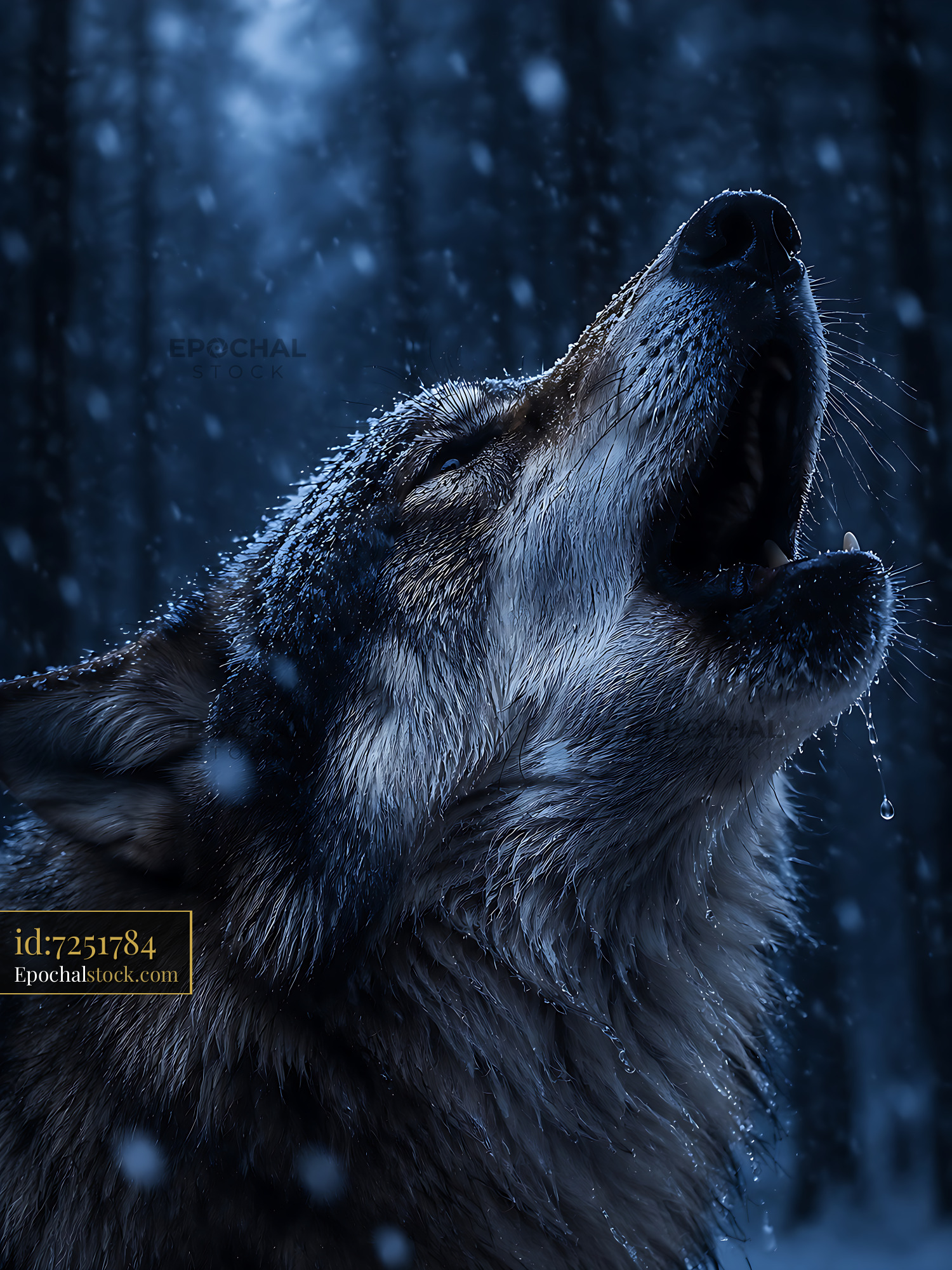 Watermarked full-resolution preview of Wolf howls in the snowy forest under a night sky