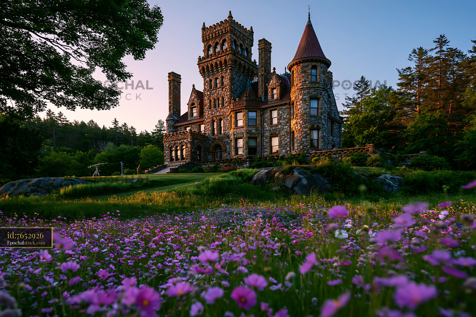 Watermarked full-resolution preview of Historic stone mansion surrounded by flowers at sunset