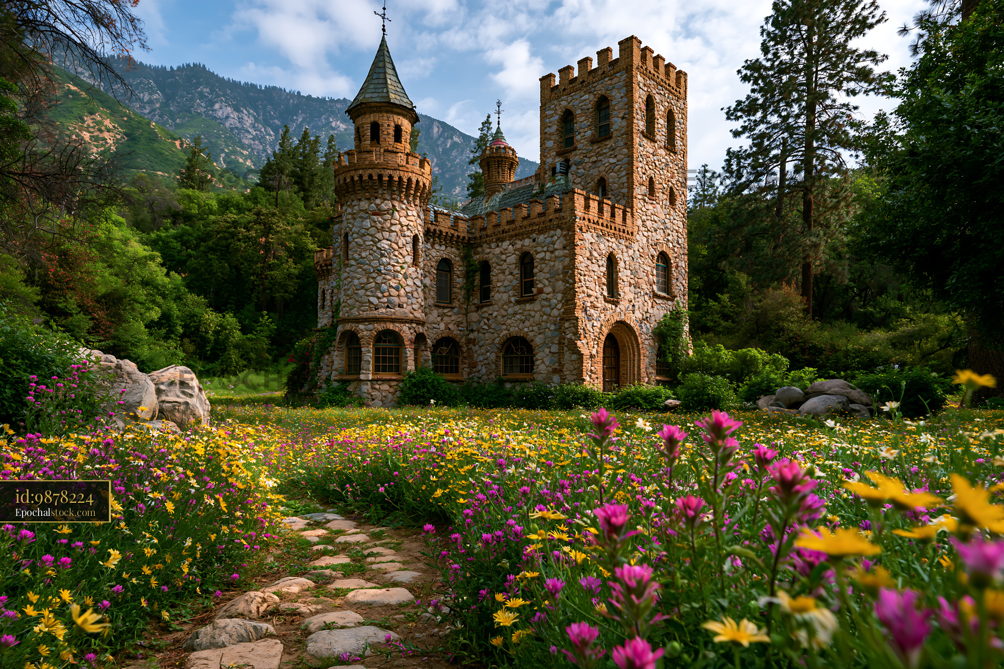 Watermarked full-resolution preview of Stone castle surrounded by flowers and greenery