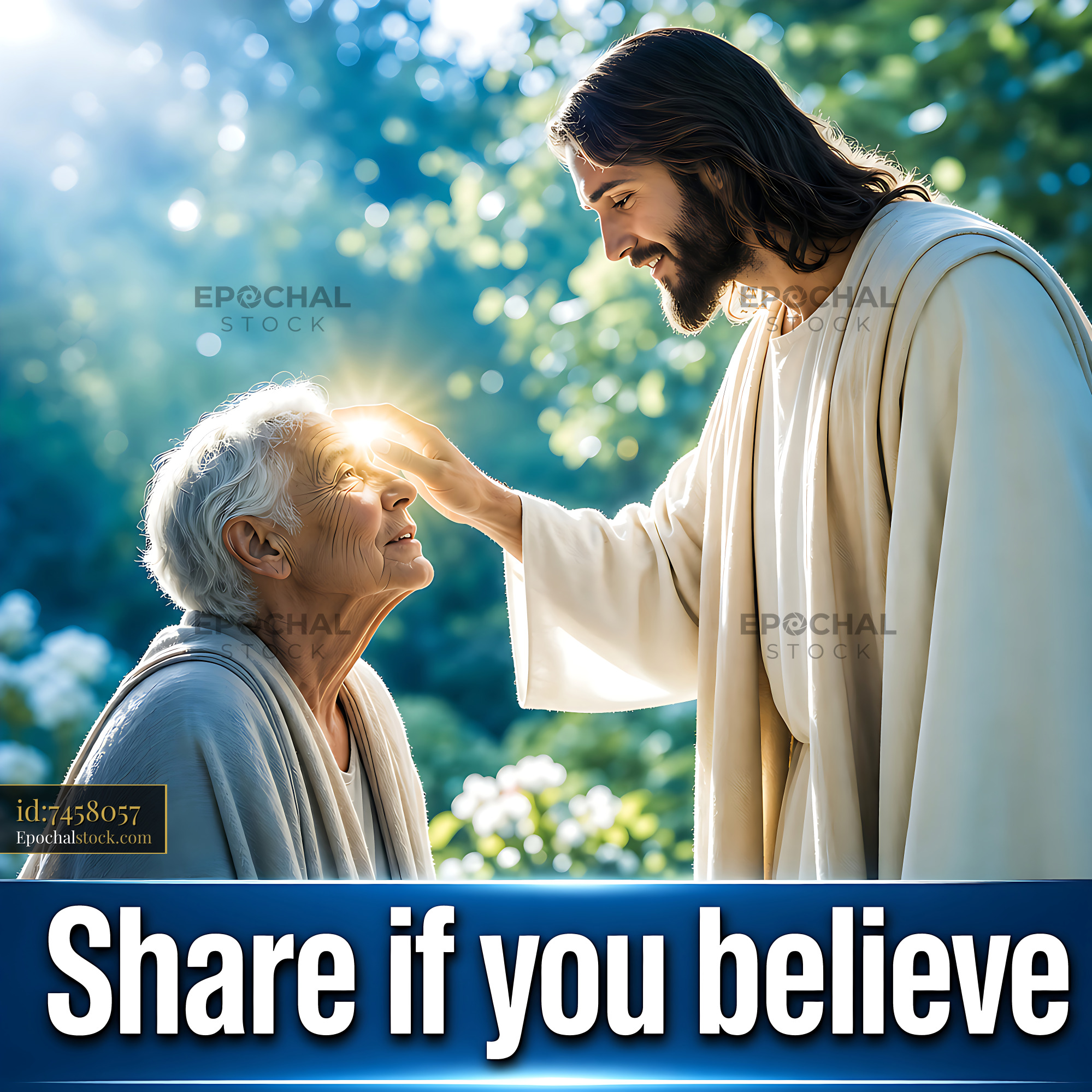 Watermarked full-resolution preview of Jesus touching the forehead of an elderly woman outdoors