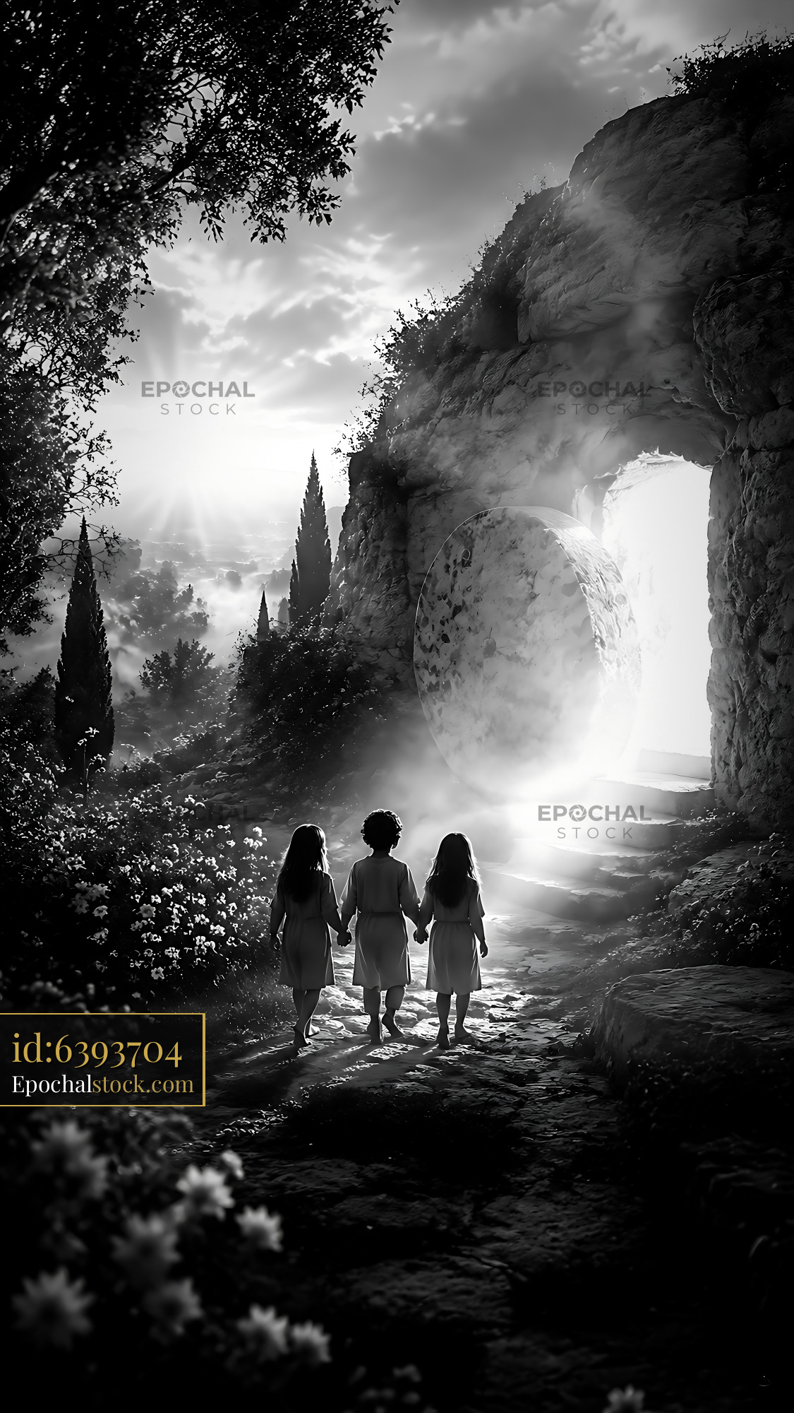 Children Walk Toward Glowing Entrance in Black and White Scene - stock photo