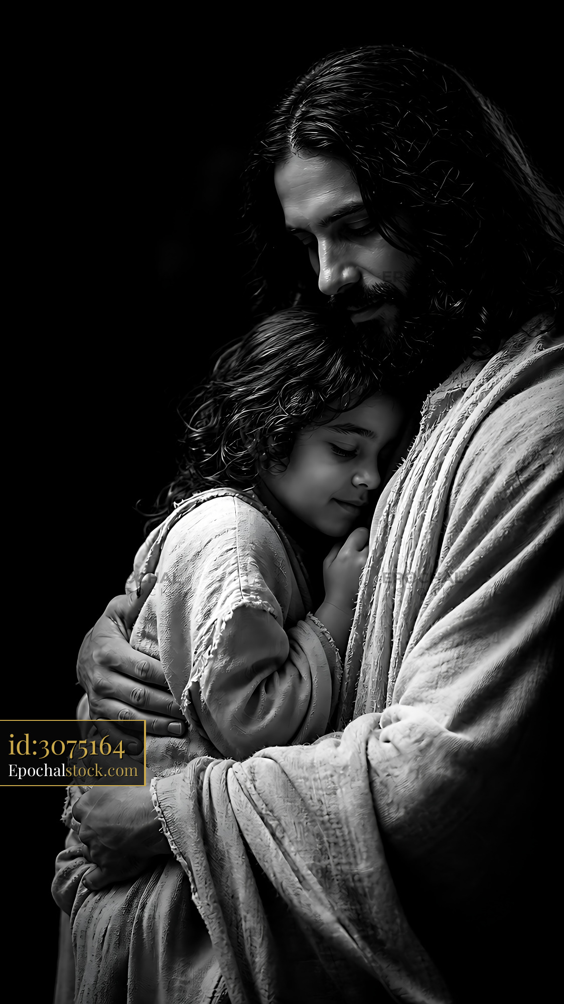 Watermarked full-resolution preview of Jesus embracing a child in a moment of comfort