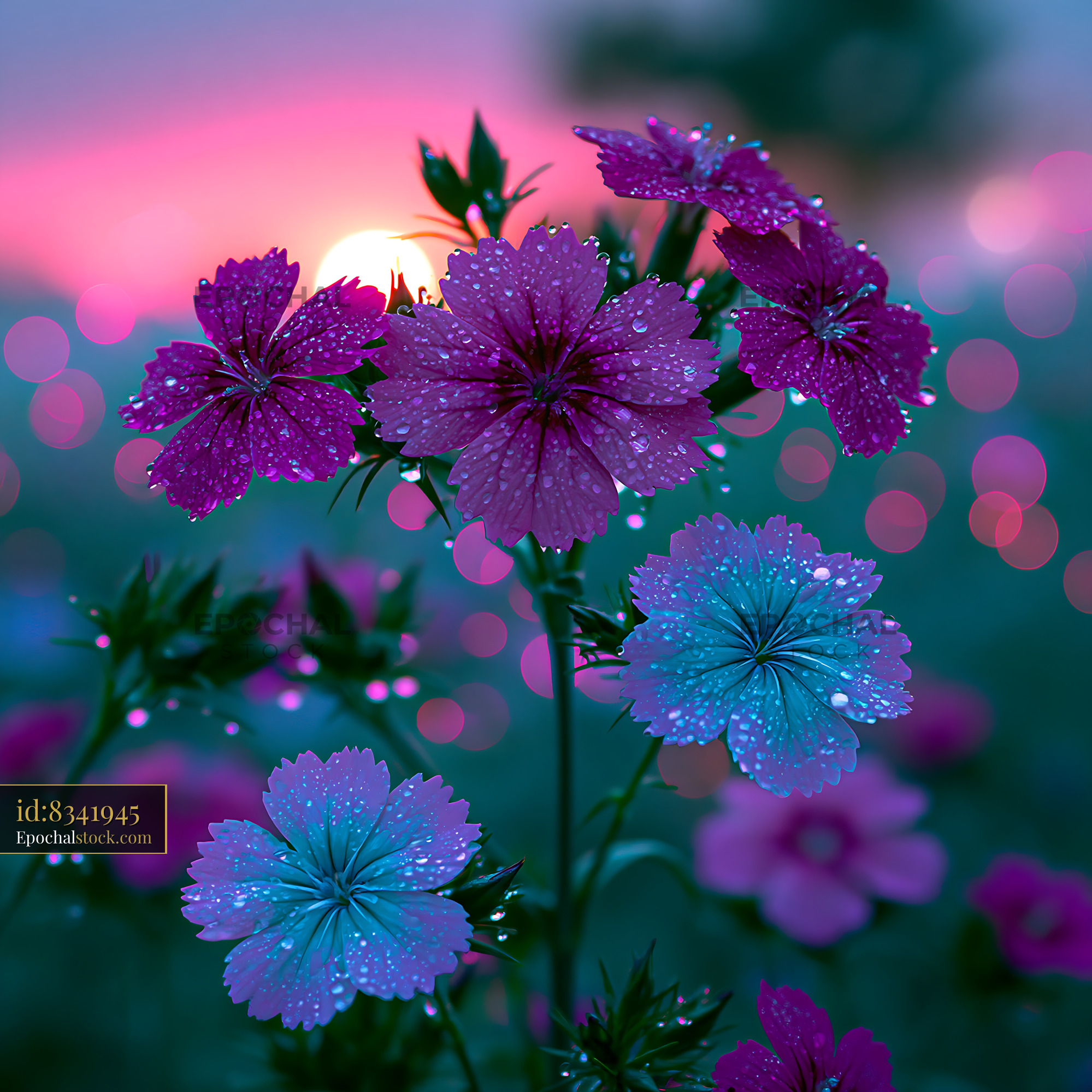 Watermarked full-resolution preview of Colorful flowers with dew at sunset in a garden