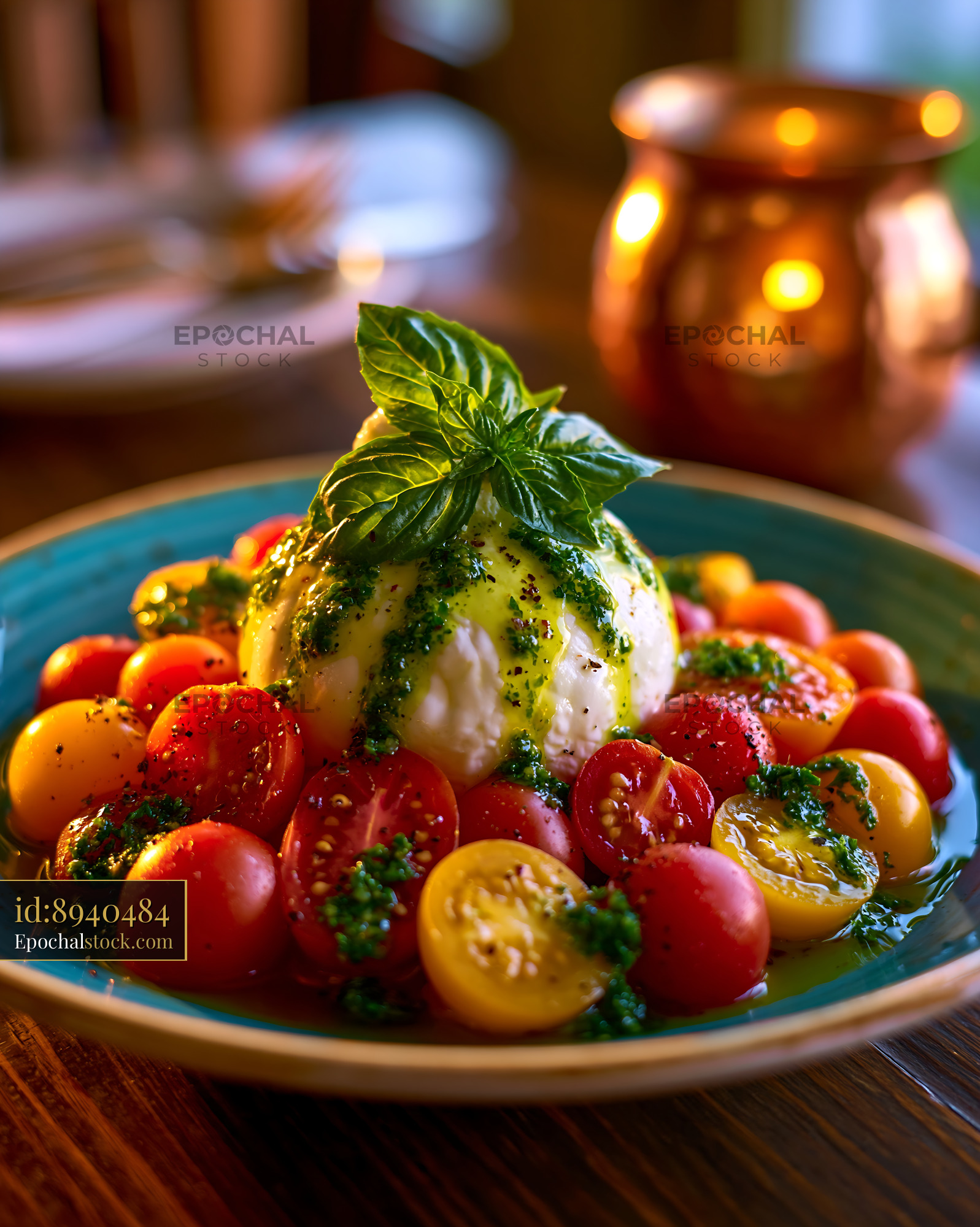 Watermarked full-resolution preview of Fresh burrata cheese with cherry tomatoes and basil on a plate