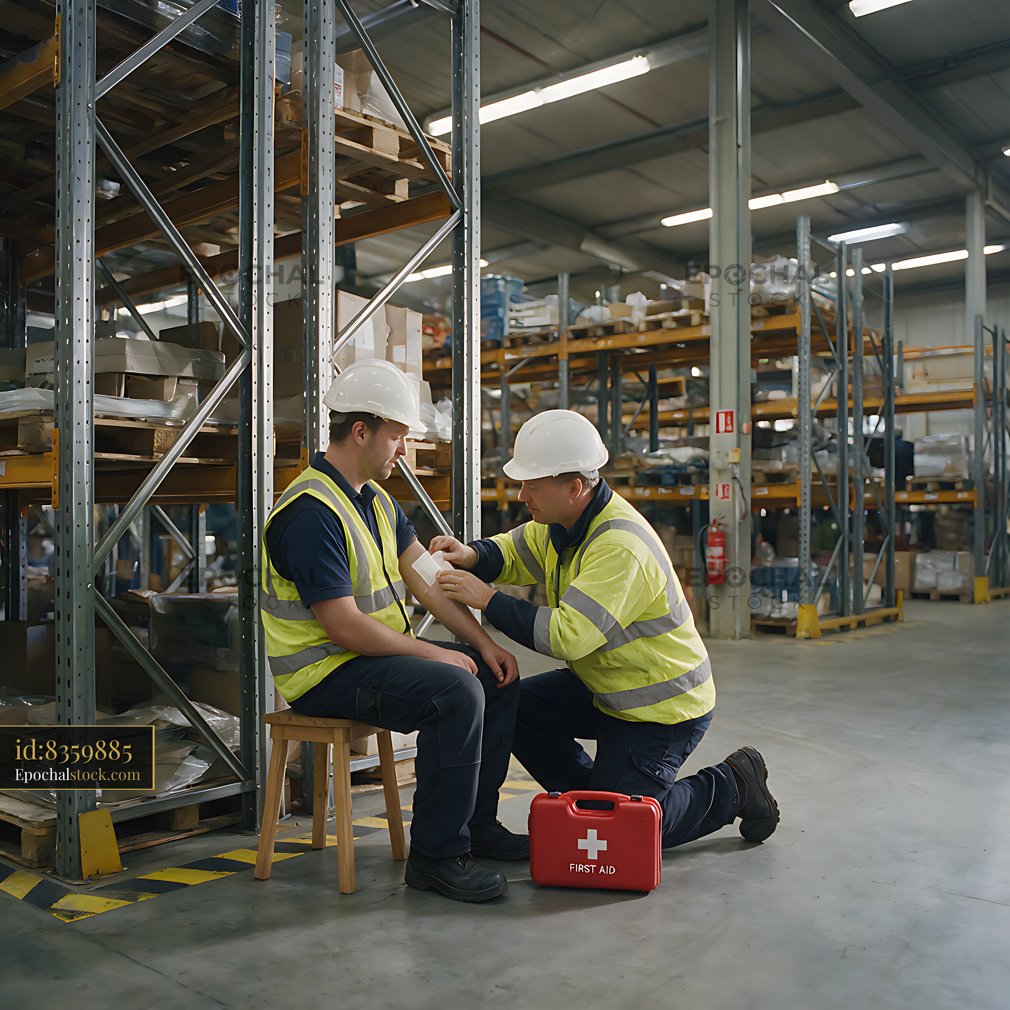 Watermarked full-resolution preview of Two warehouse workers providing first aid