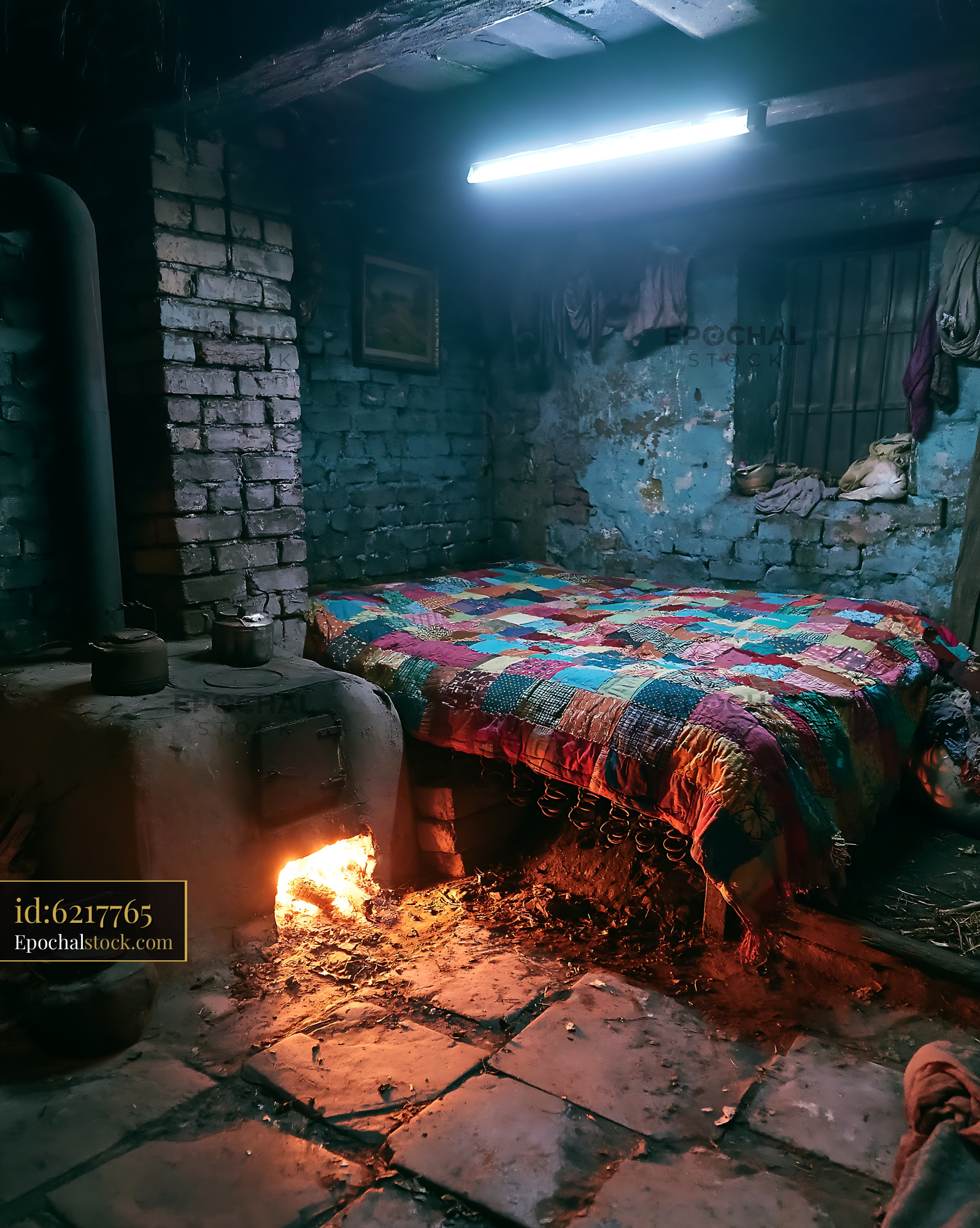 Watermarked full-resolution preview of Room with a bed and a stove in a rustic setting