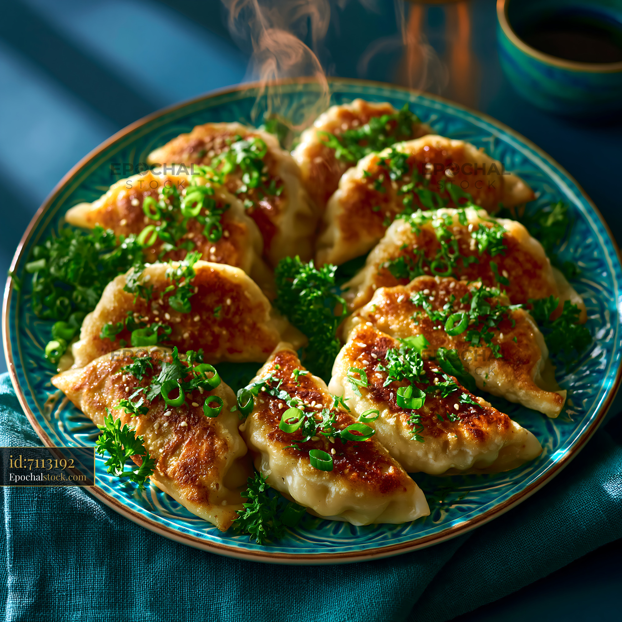 Watermarked full-resolution preview of Dumplings served on a blue plate with green garnish and steam