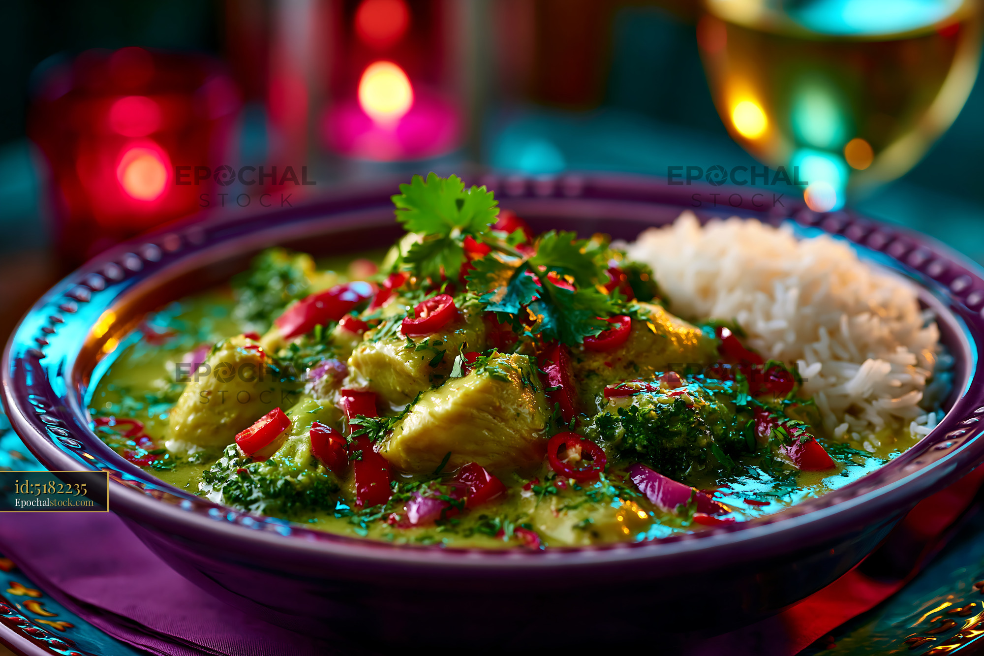 Watermarked full-resolution preview of Colorful dish of chicken curry with rice and vegetables