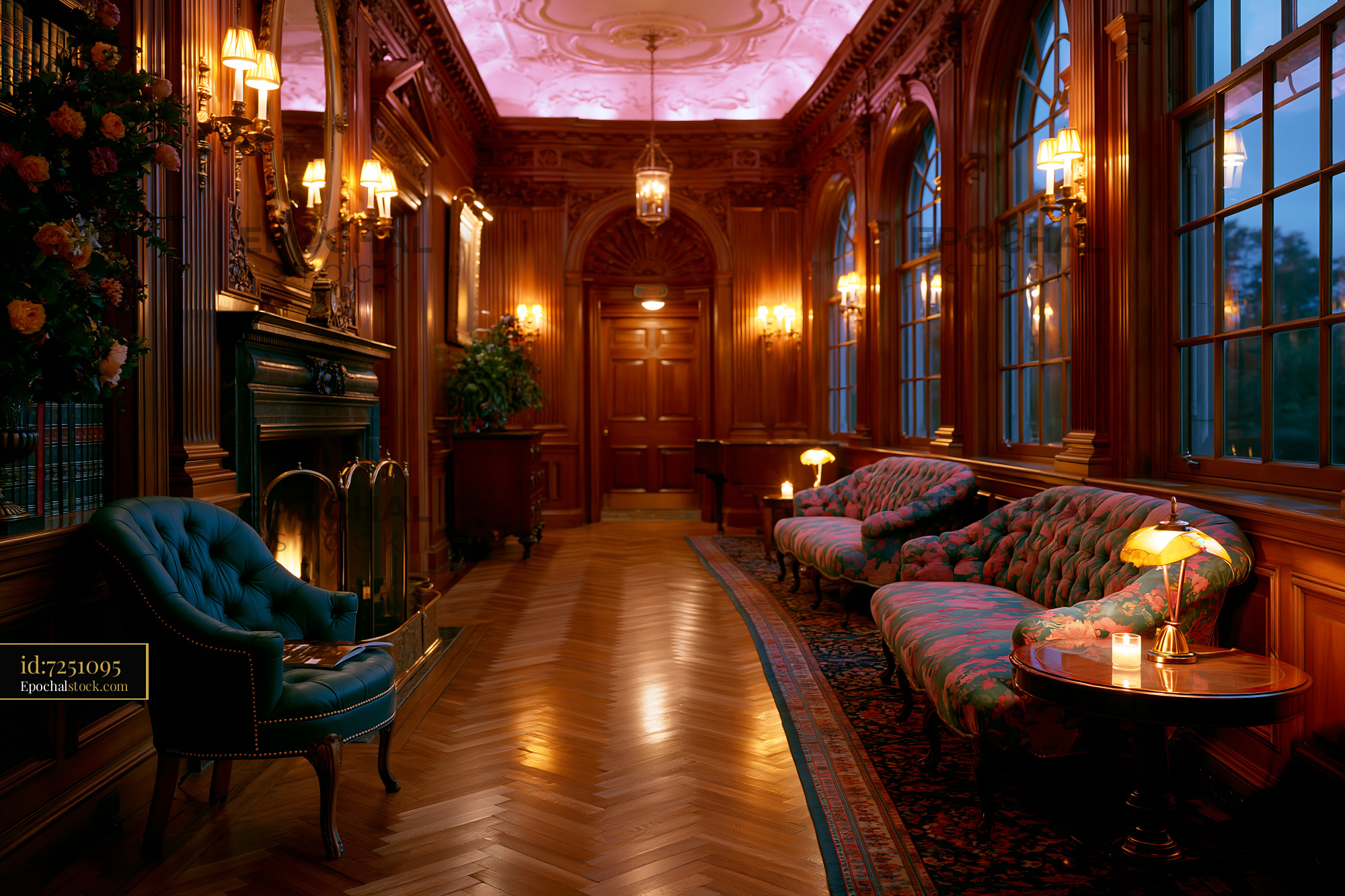 Watermarked full-resolution preview of Elegant interior of a historic hallway with wooden accents