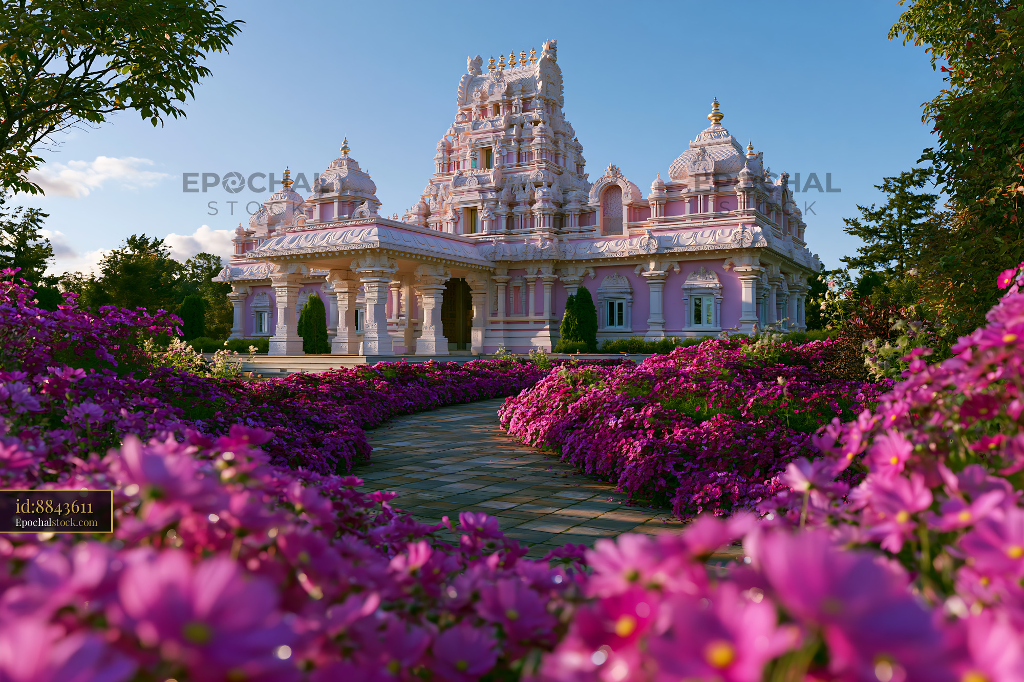Hindu Temple Surrounded by Vibrant Flowers in a Sunny Garden - stock photo