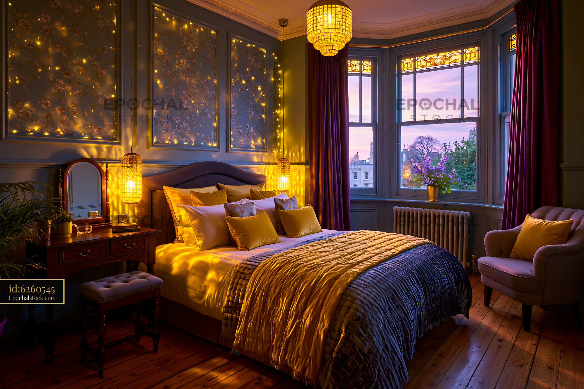 Watermarked full-resolution preview of Cozy bedroom with warm lighting and window views in evening