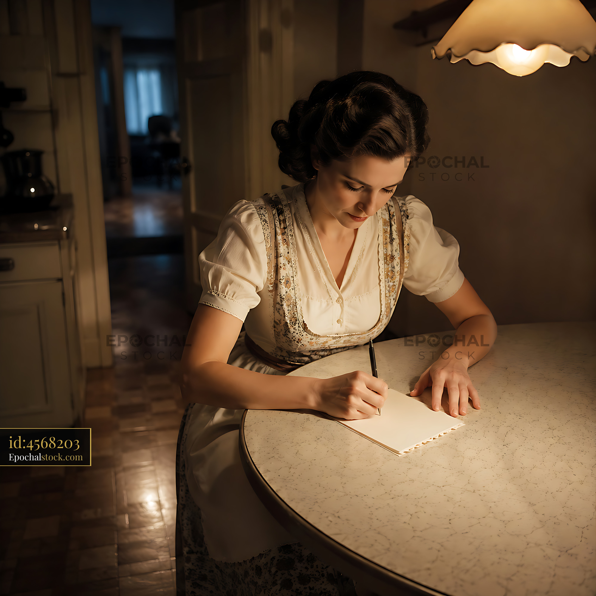Watermarked full-resolution preview of Woman writing at a kitchen table in a vintage setting