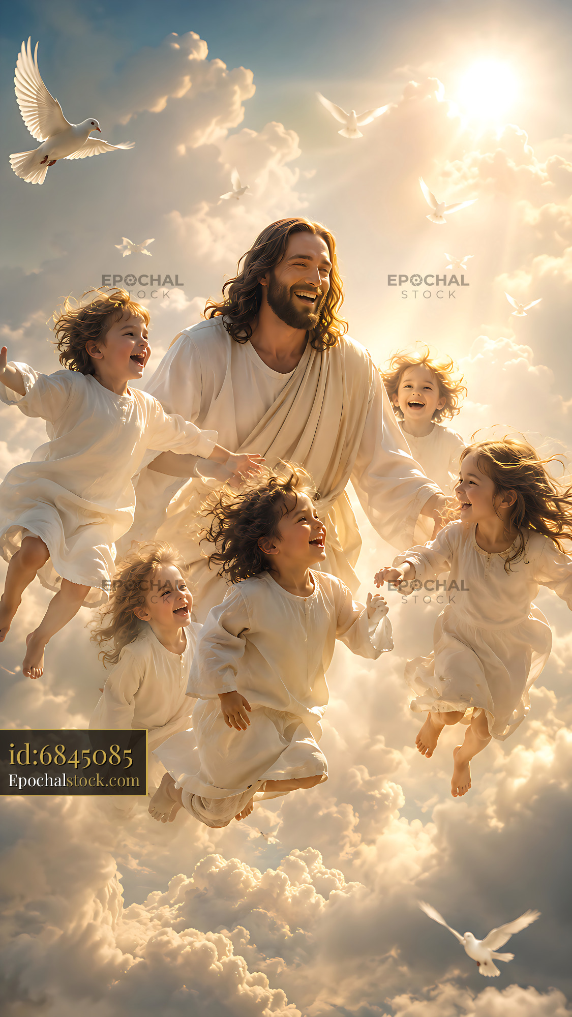 Jesus Holds Children in Clouds With Doves Flying Around - stock photo