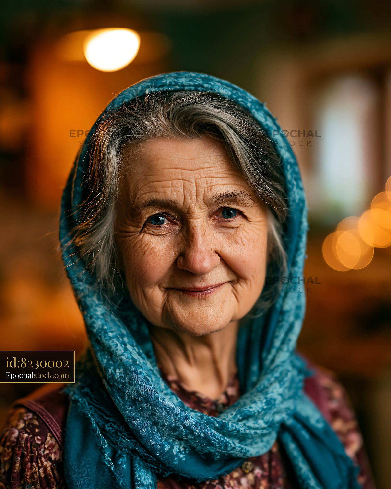 Watermarked full-resolution preview of Elderly woman with scarf in warmly lit indoor setting