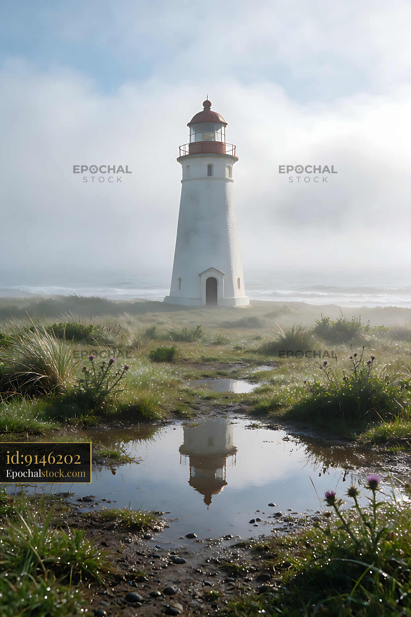 Lighthouse seen in heavy ocean fog with reflections in water - stock photo
