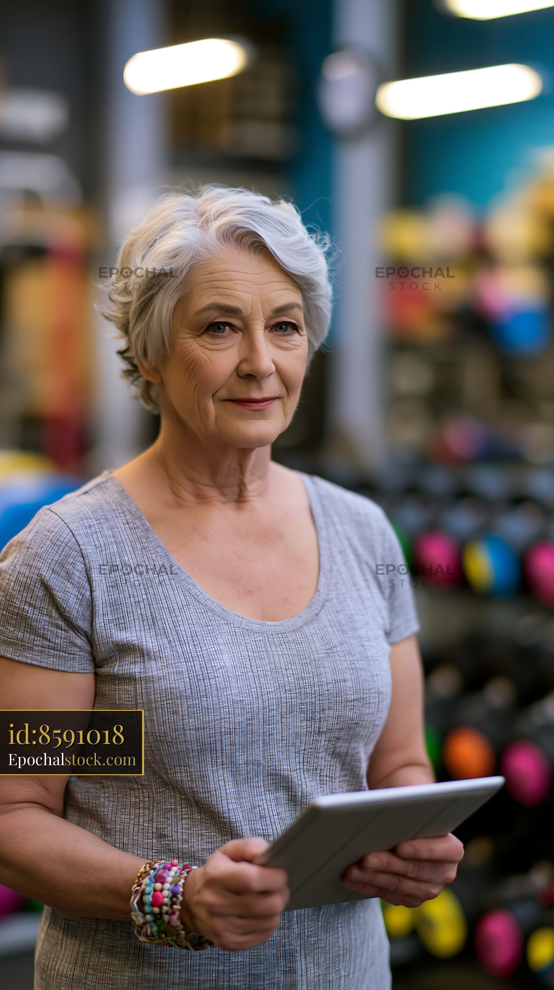 Watermarked full-resolution preview of Senior woman in gym holding tablet while looking at camera