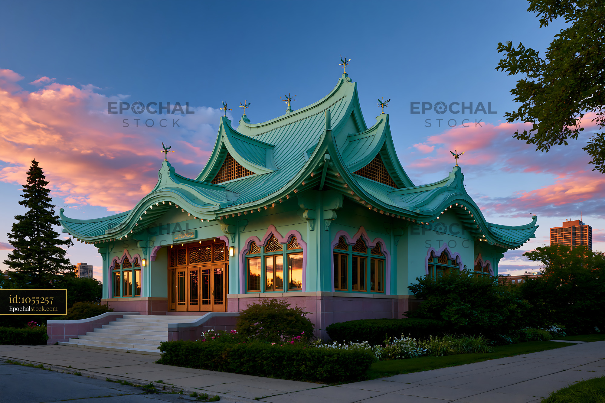 Watermarked full-resolution preview of Colorful building with unique architecture during sunset