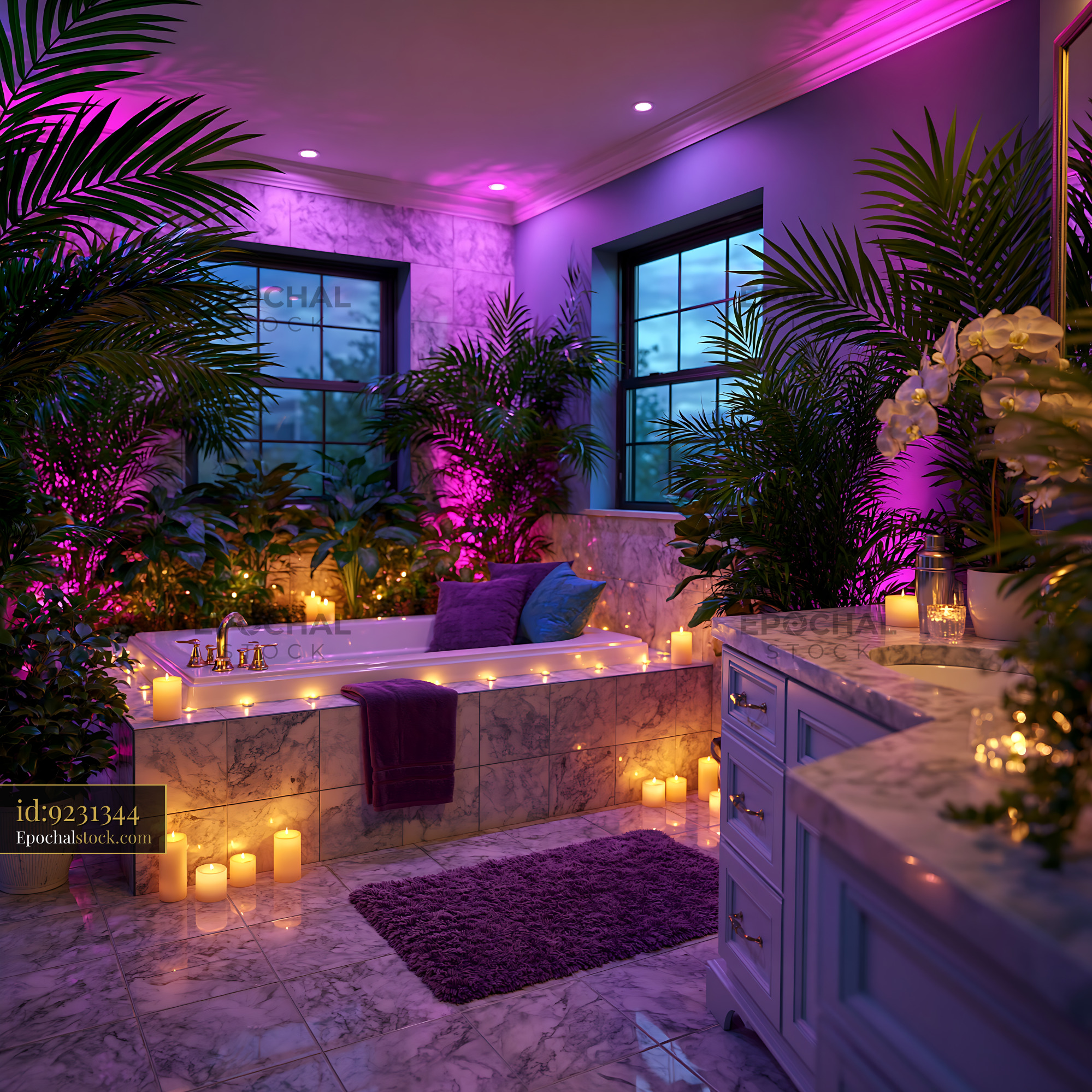 Watermarked full-resolution preview of Modern bathroom with candles and plants at night