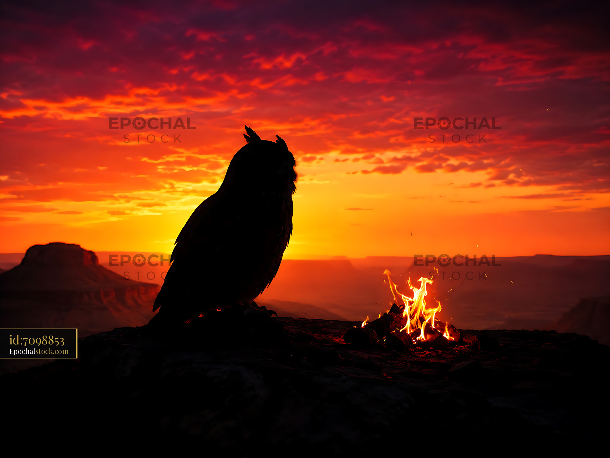 Watermarked full-resolution preview of Owl silhouette against sunset with fire in background