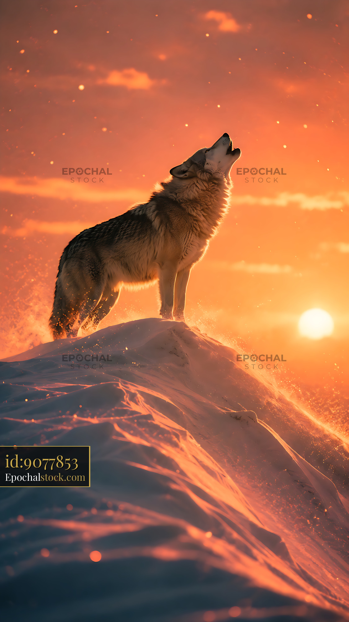 Wolf Howls at Sunset on Snowy Hilltop - stock photo