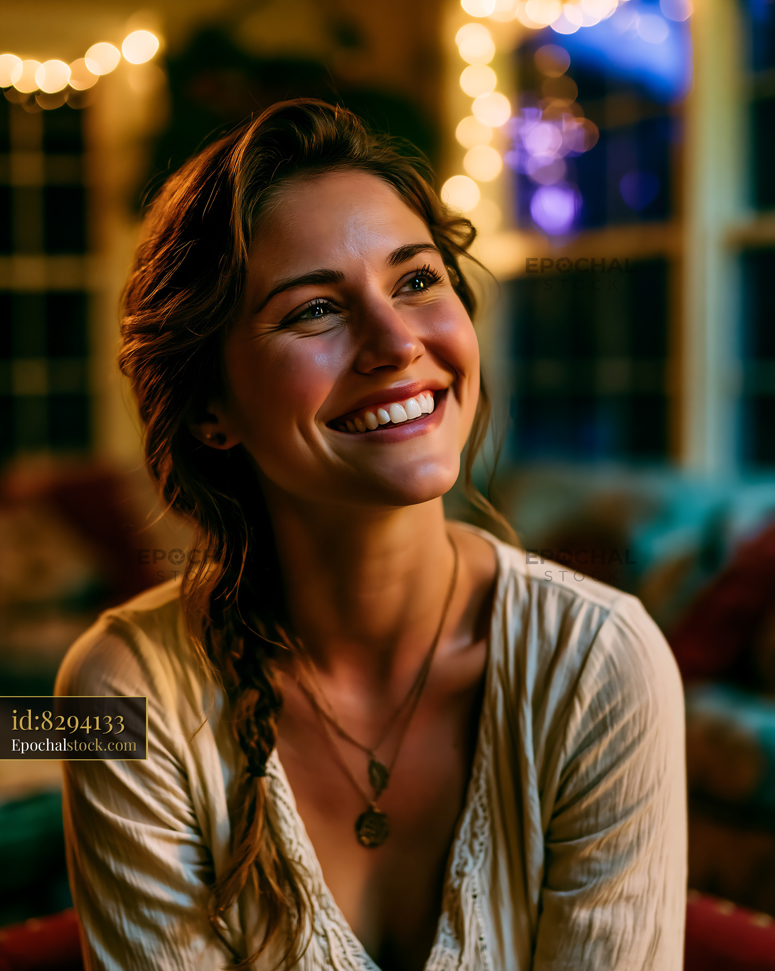 Woman Smiling in a Cozy Room With Warm Lights at Night - stock photo