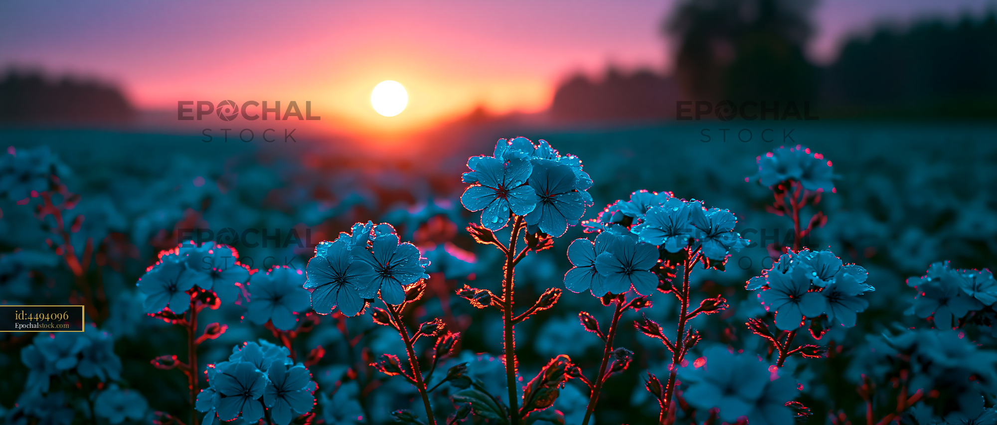 Watermarked full-resolution preview of Sunrise over fields with blooming flowers and dew drops