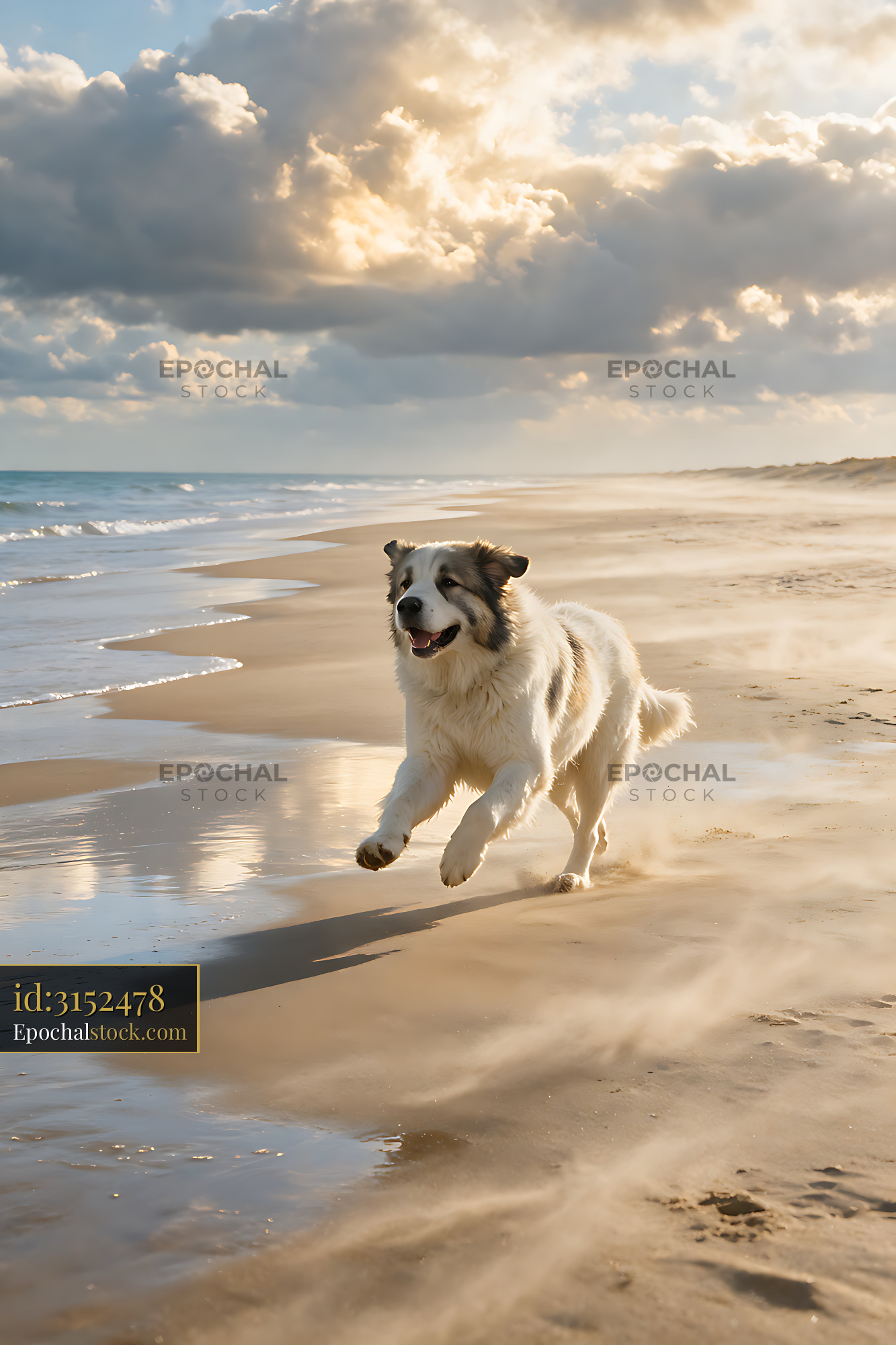 Watermarked full-resolution preview of Dog running beside ocean waves on sandy beach