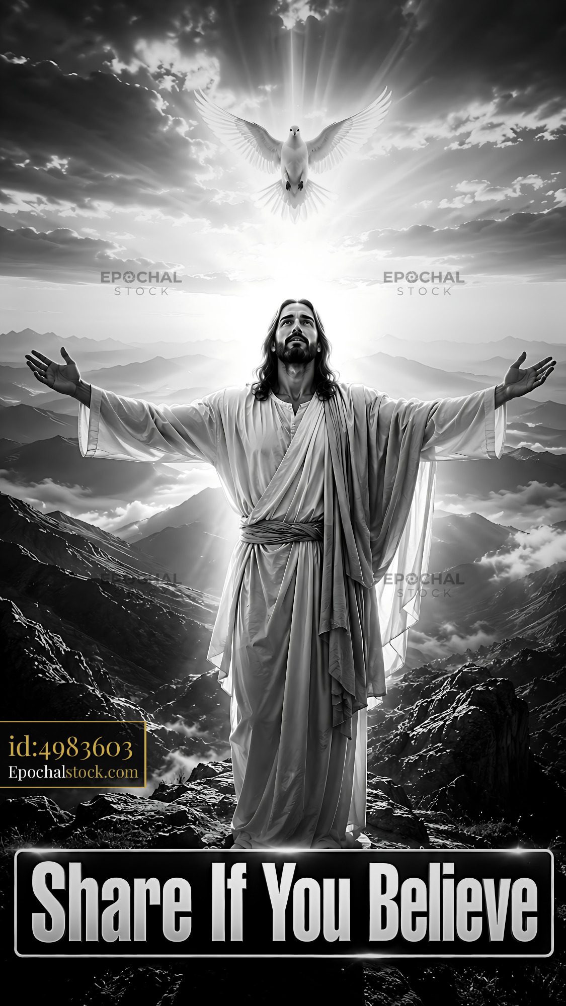 Watermarked full-resolution preview of Jesus with open arms on mountain with dove in sky