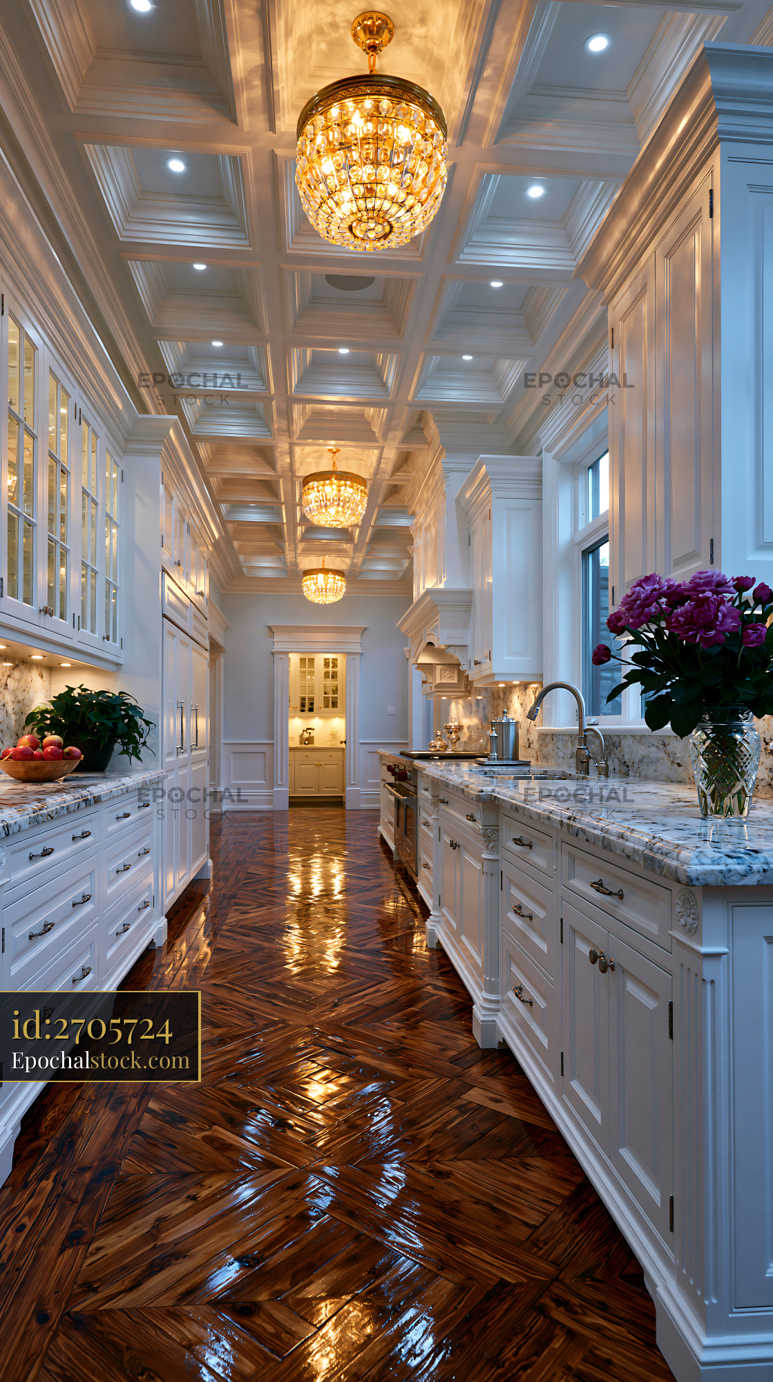 Watermarked full-resolution preview of Modern kitchen with white cabinets and chandeliers