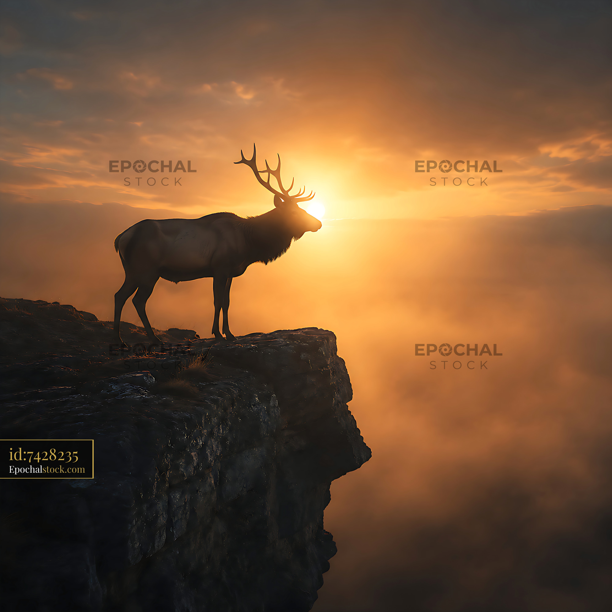 Watermarked full-resolution preview of Elk silhouette at sunrise by calm water