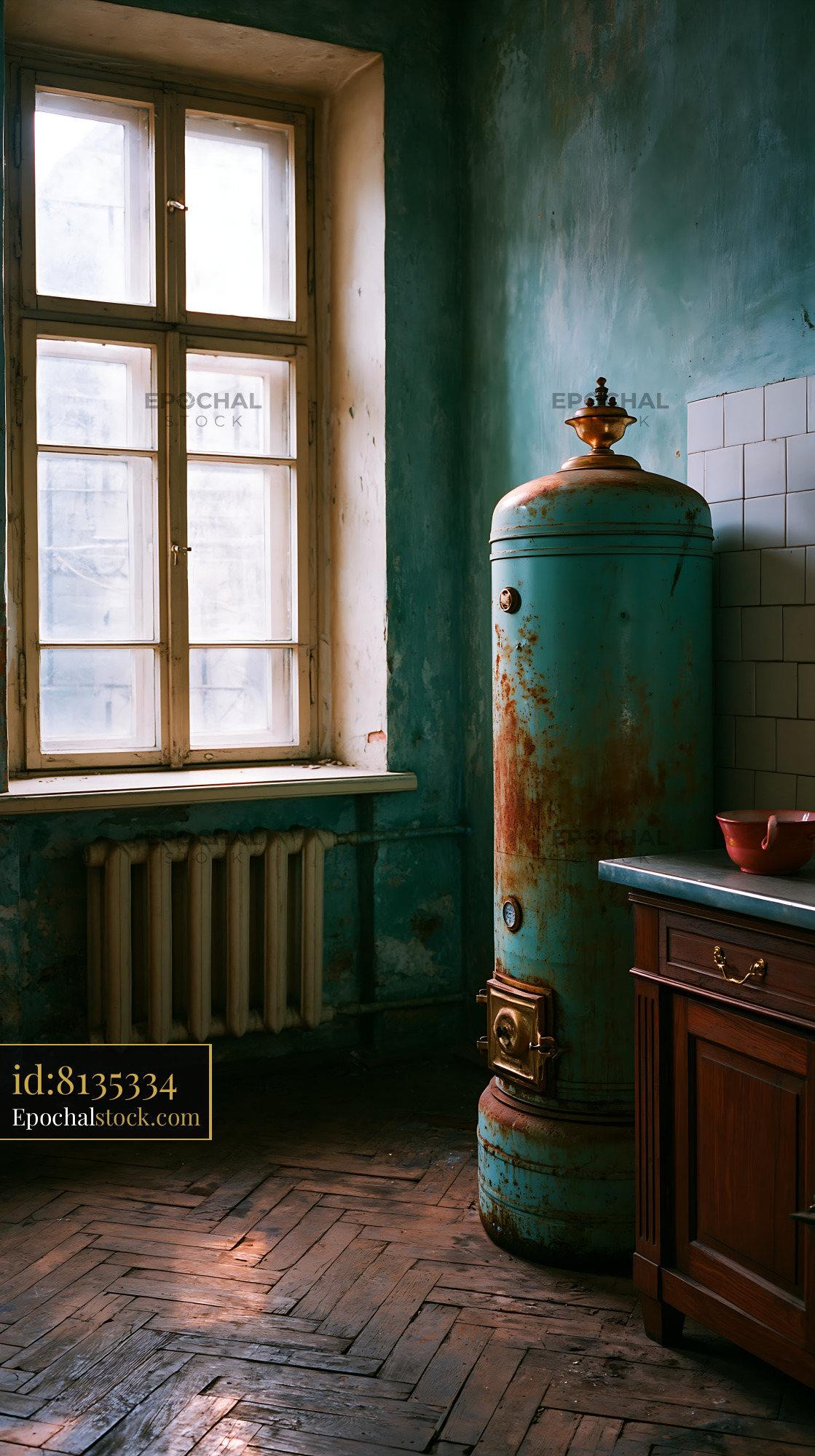 Watermarked full-resolution preview of Old kitchen with a vintage stove and a window
