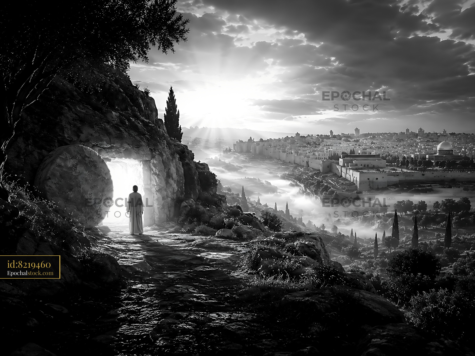 Watermarked full-resolution preview of Scene of resurrection near ancient tomb with city view