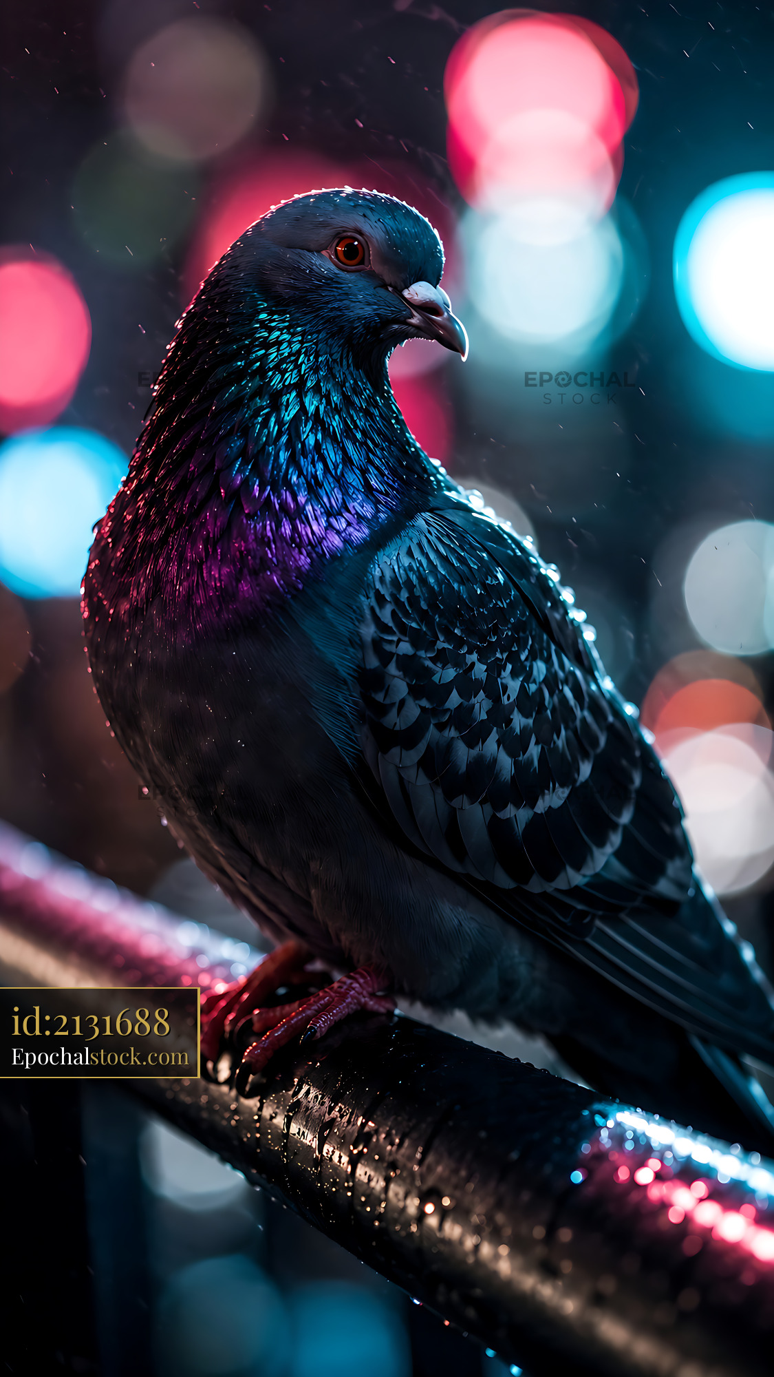 Watermarked full-resolution preview of Pigeon perched on railing with colorful city lights in background
