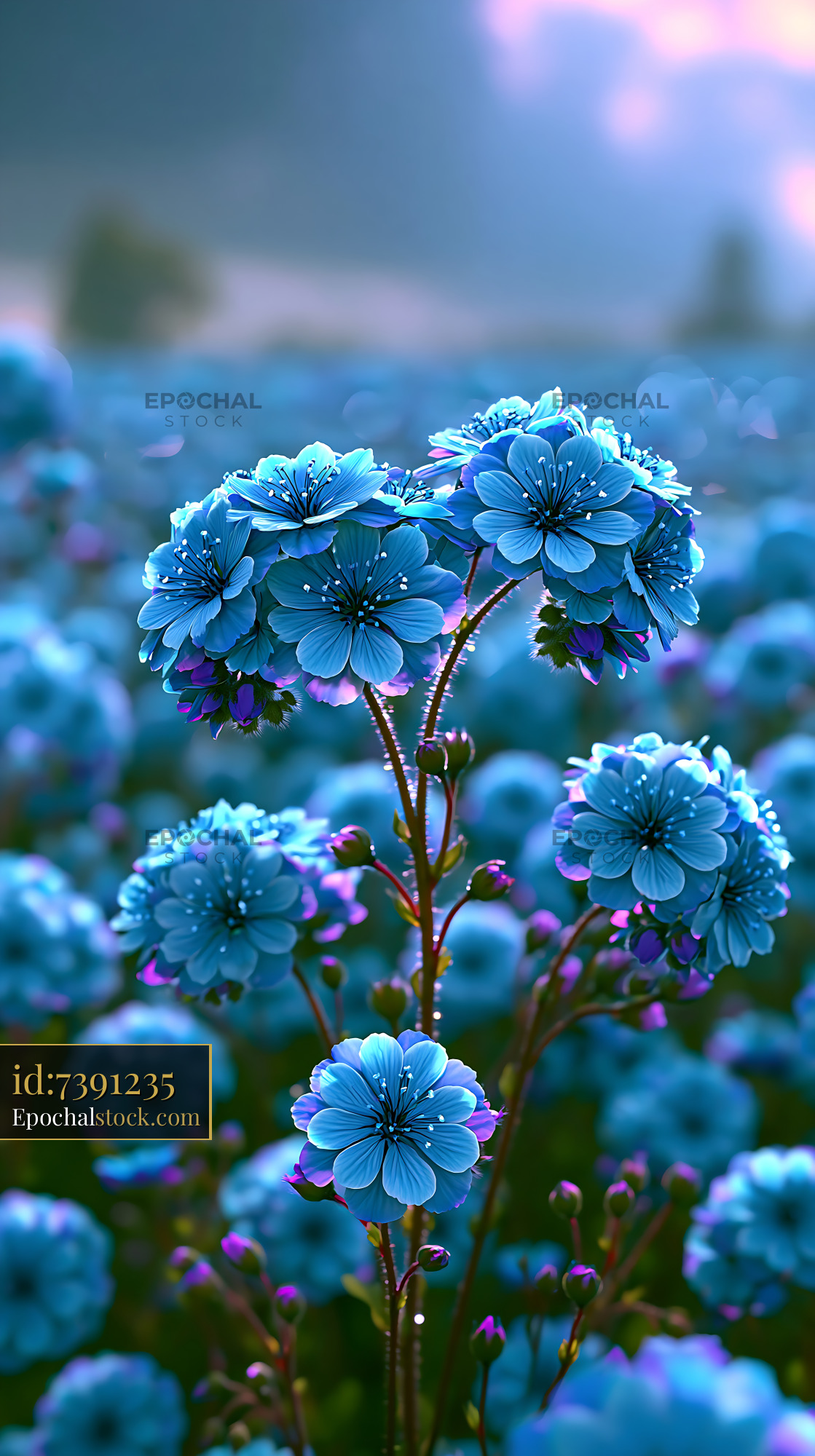 Watermarked full-resolution preview of Blue flowers blooming in a vast field under soft light